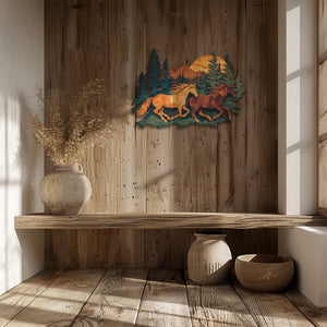 Running horses metal wall art with mountain wilderness and pine forest scenery 4