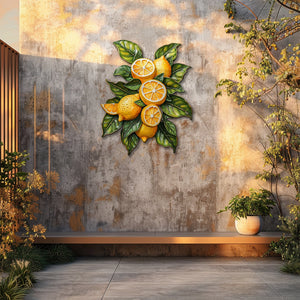 Lemon orchard metal wall art with vibrant citrus fruits and leafy botanical branches for Mediterranean kitchen decor 4
