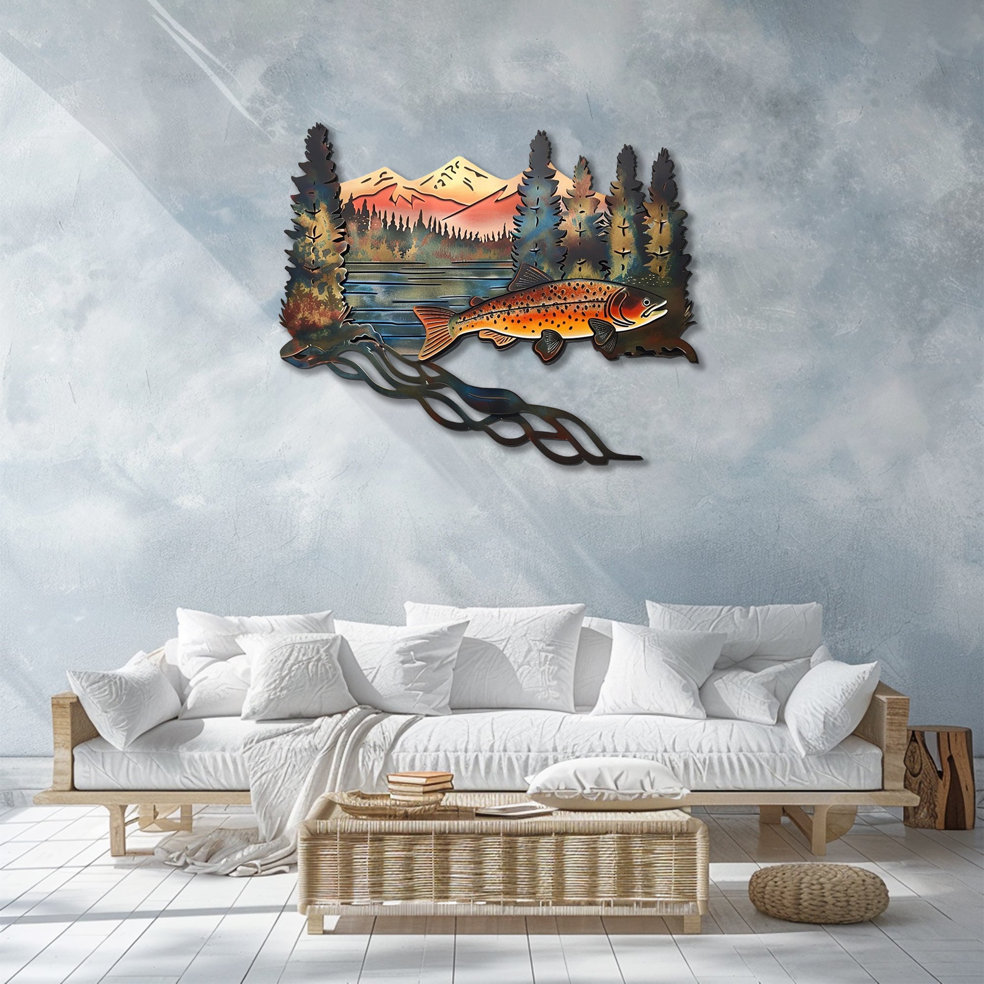 Brown trout metal wall art with swimming trout fish mountain peaks pine forest lake house cabin aluminum wall decor 4