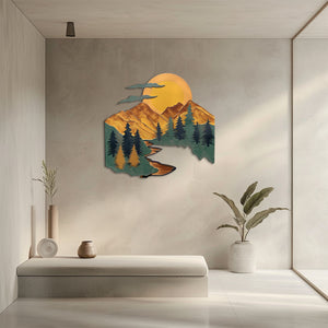 Mountain river sunset metal wall art with pine trees winding river stream and giant golden sun rustic cabin aluminum wall decor 4