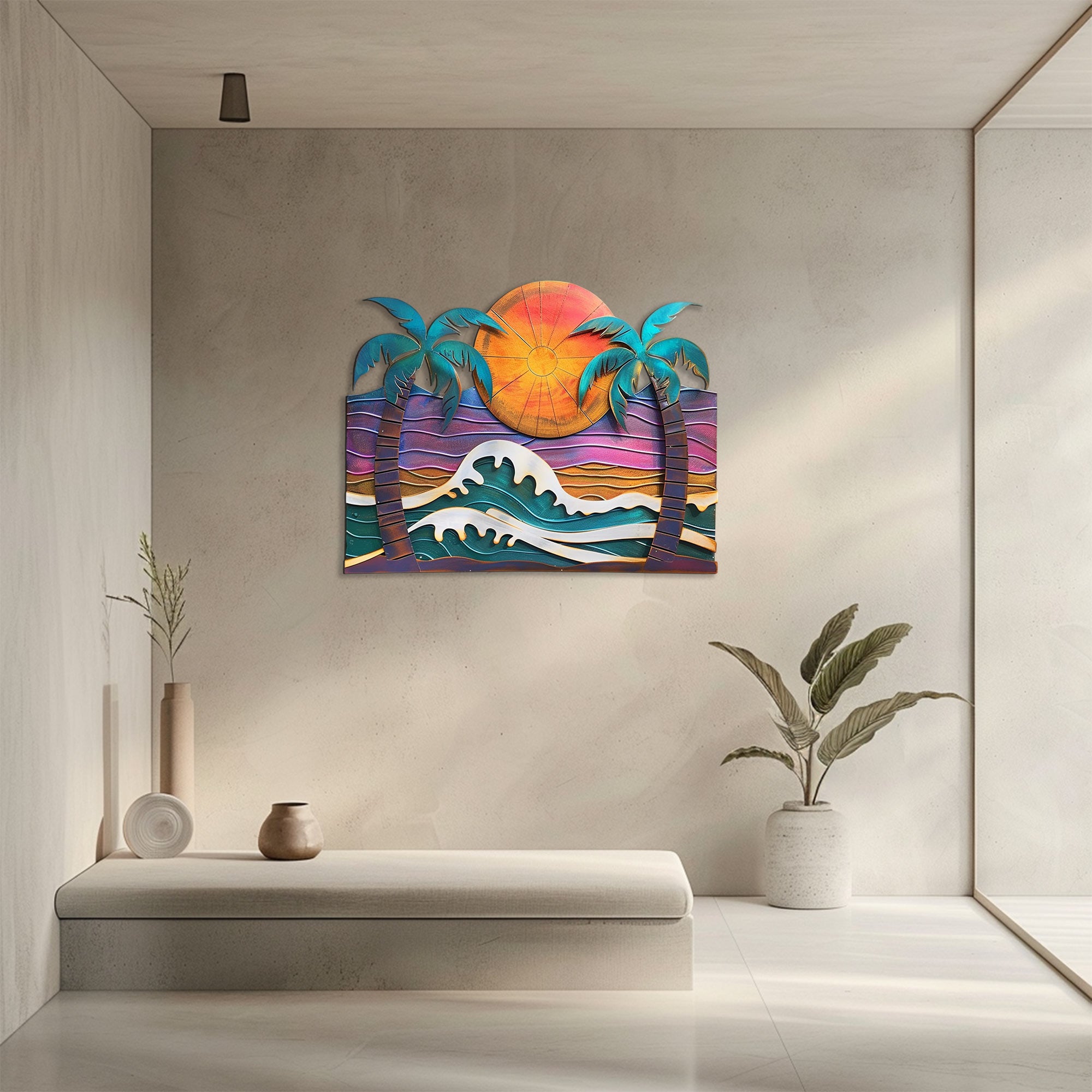Modern ocean wave palm trees metal wall art with crashing whitecap waves purple sunset sky and framed tropical palm trees aluminum wall decor 4