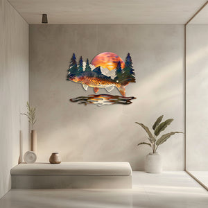 Brown trout fish metal wall art with leaping trout wild salmon mountain sunset rustic cabin pine trees wilderness lodge aluminum wall decor 4