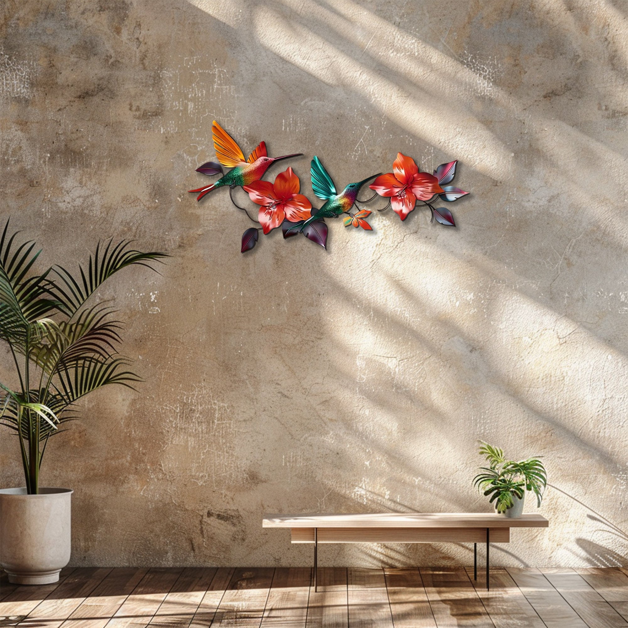 Hummingbird Hibiscus UV printed aluminum metal wall art for tropical living room and patio decor 6
