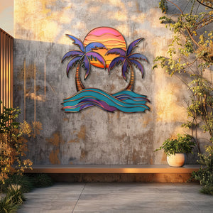 Vibrant sunset palm trees metal wall art with purple palm leaves pink sun gradient ocean waves coastal beach aluminum wall decor 4