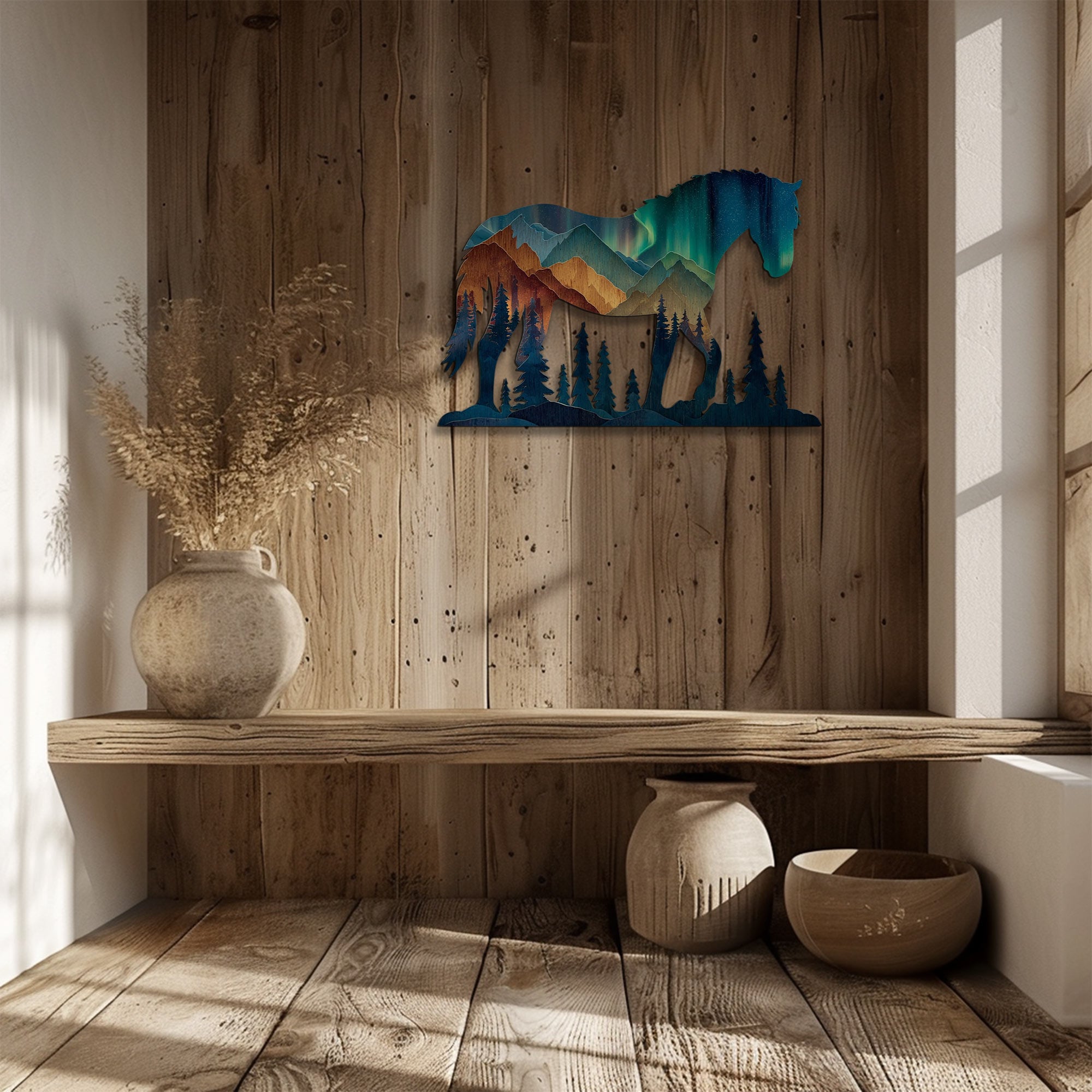 Aurora horse metal wall art with mountain landscape and northern lights wilderness scenery 4