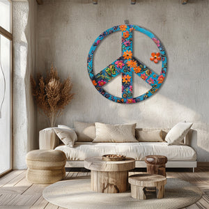 Turquoise Floral Peace Sign UV printed aluminum metal wall art for boho patio garden and living room decor 5