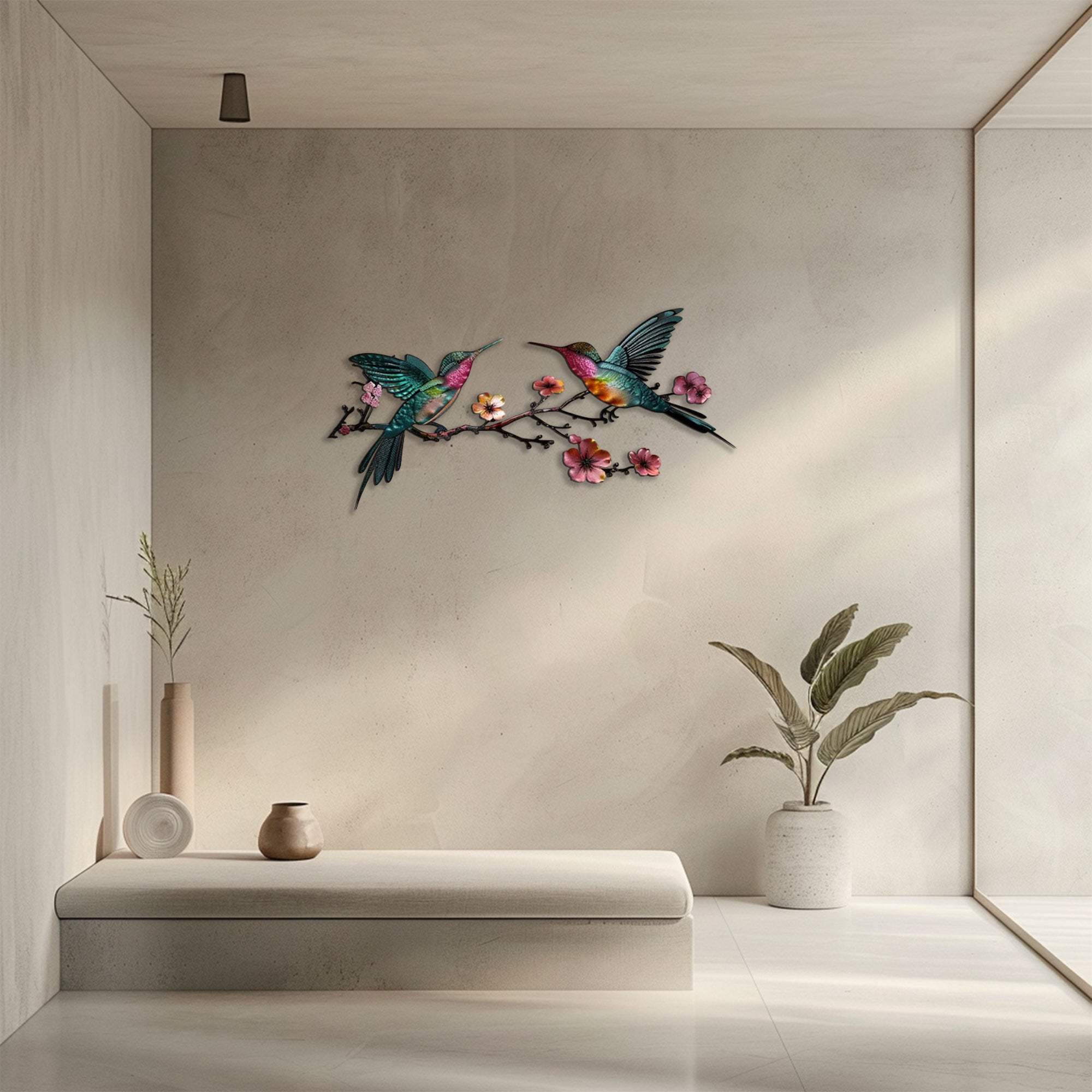 Hummingbird Branch UV printed aluminum metal wall art for floral living room and patio decor 4