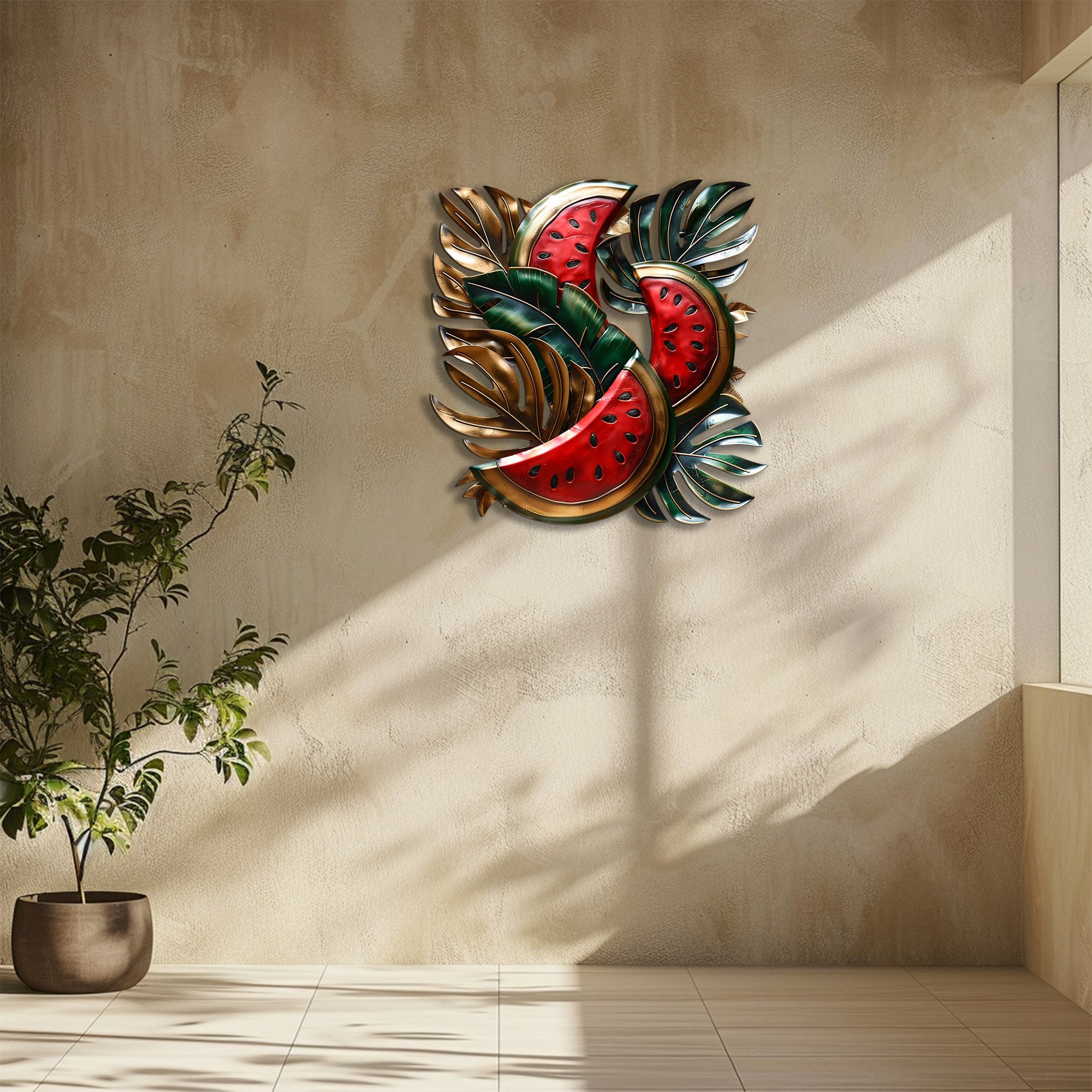 Watermelon aluminum wall decor with tropical foliage and metallic accents for patio styling 4