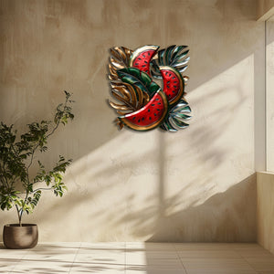Watermelon aluminum wall decor with tropical foliage and metallic accents for patio styling 4