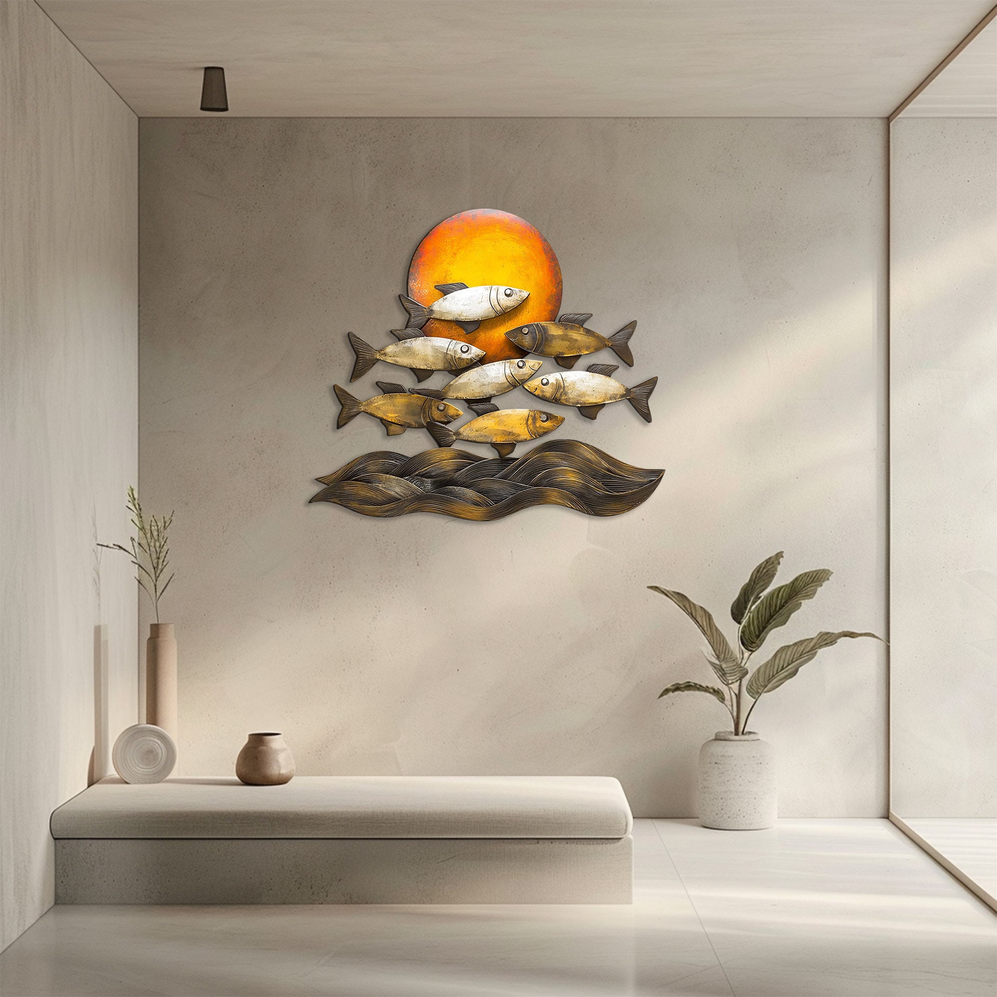 Golden sunset fish metal wall art with ocean waves coastal aluminum wall decor 4