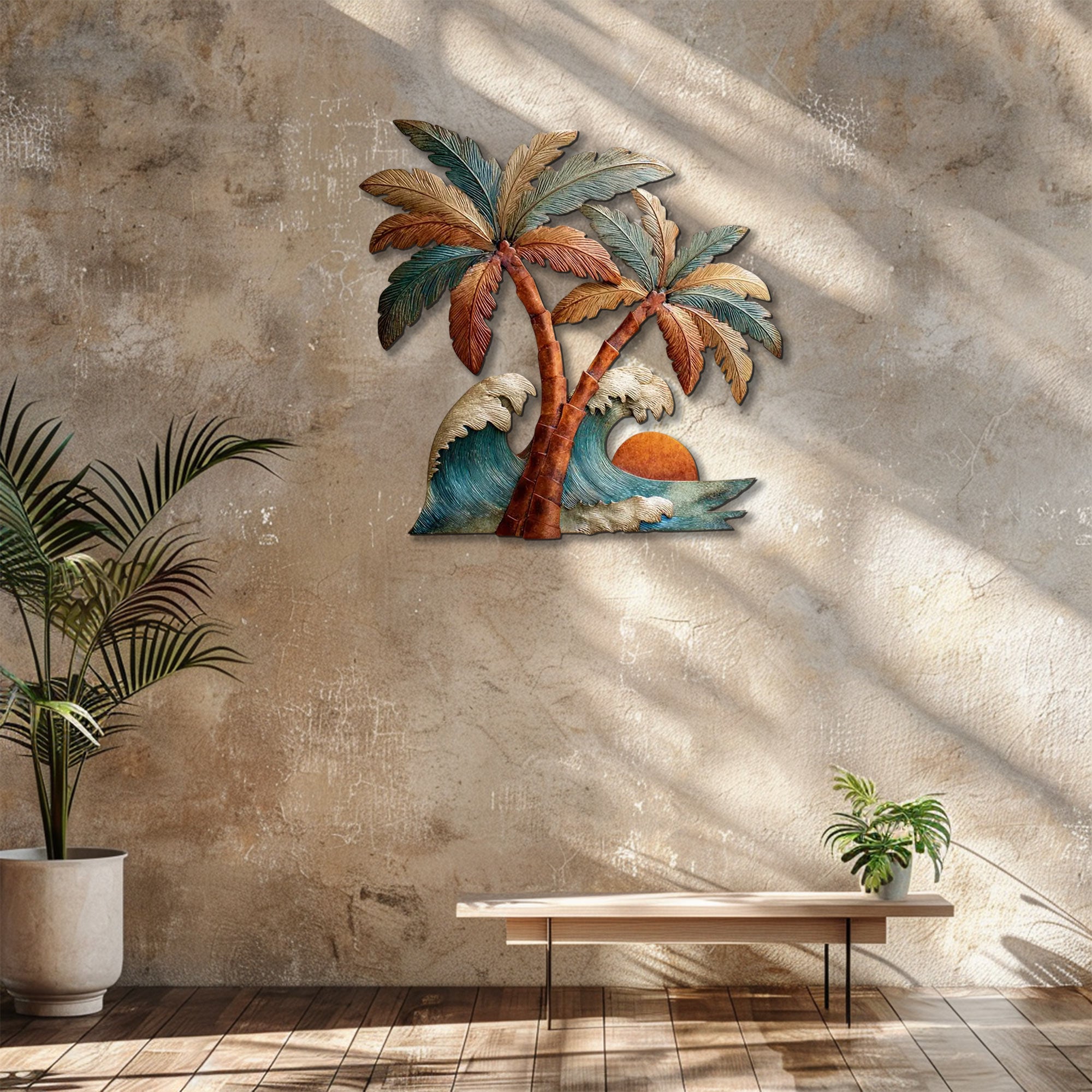 Tropical palm wave metal wall art with ocean waves and sunset coastal design mounted on wall 4