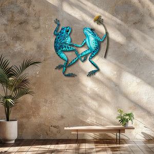 Blue frog couple metal wall art with flower whimsical garden aluminum wall decor 4