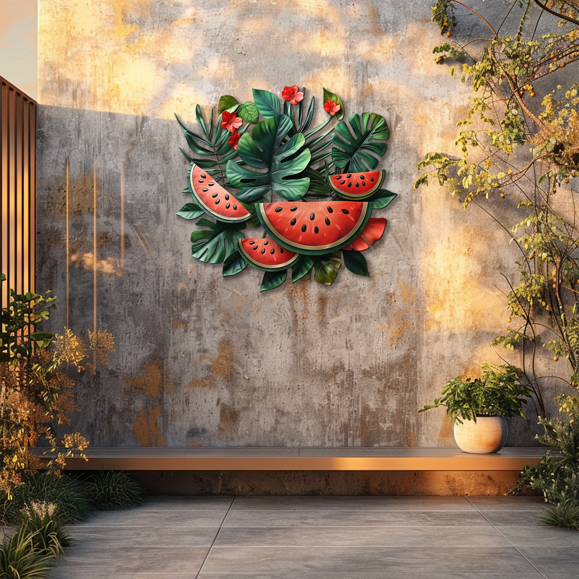 Tropical watermelon wall decor with exotic leaves for boho patio and kitchen spaces 4