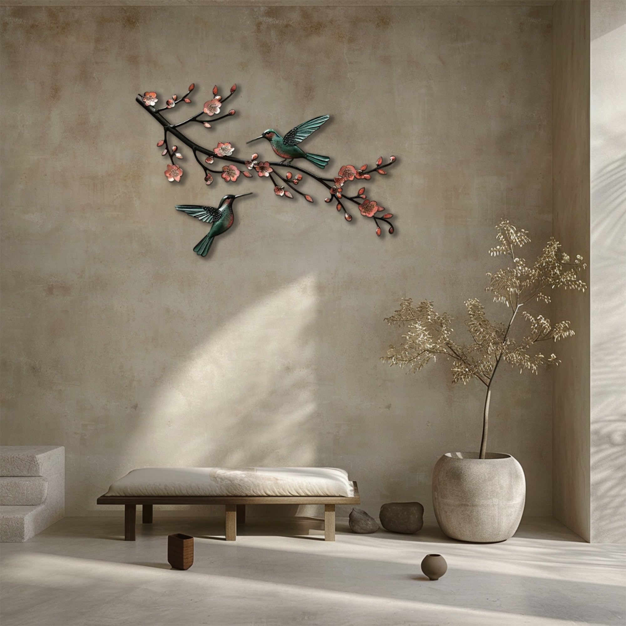 Hummingbird Cherry Blossom UV printed aluminum metal wall art for floral living room and patio decor 5