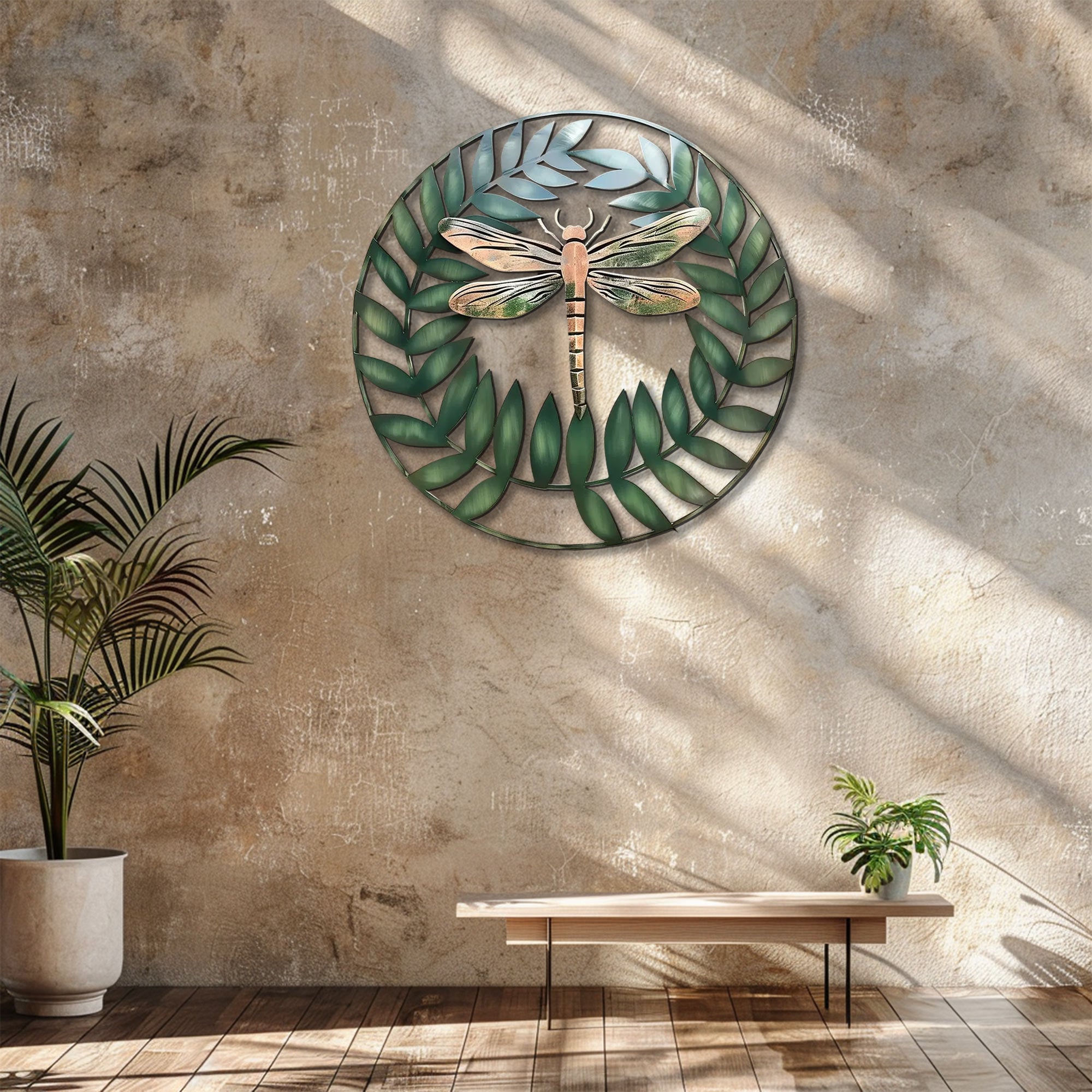 Dragonfly leaf metal wall art with botanical wreath aluminum wall decor 4
