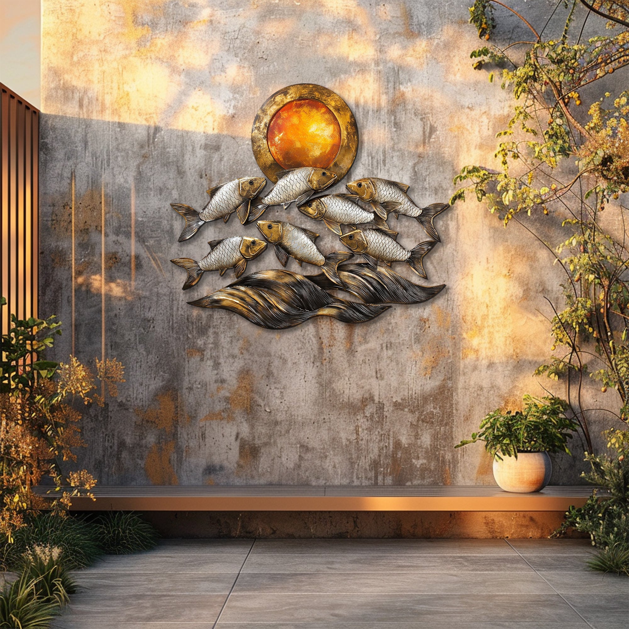 Silver fish metal wall art with ocean waves and sunset coastal aluminum wall decor 4