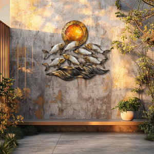 Silver fish metal wall art with ocean waves and sunset coastal aluminum wall decor 4