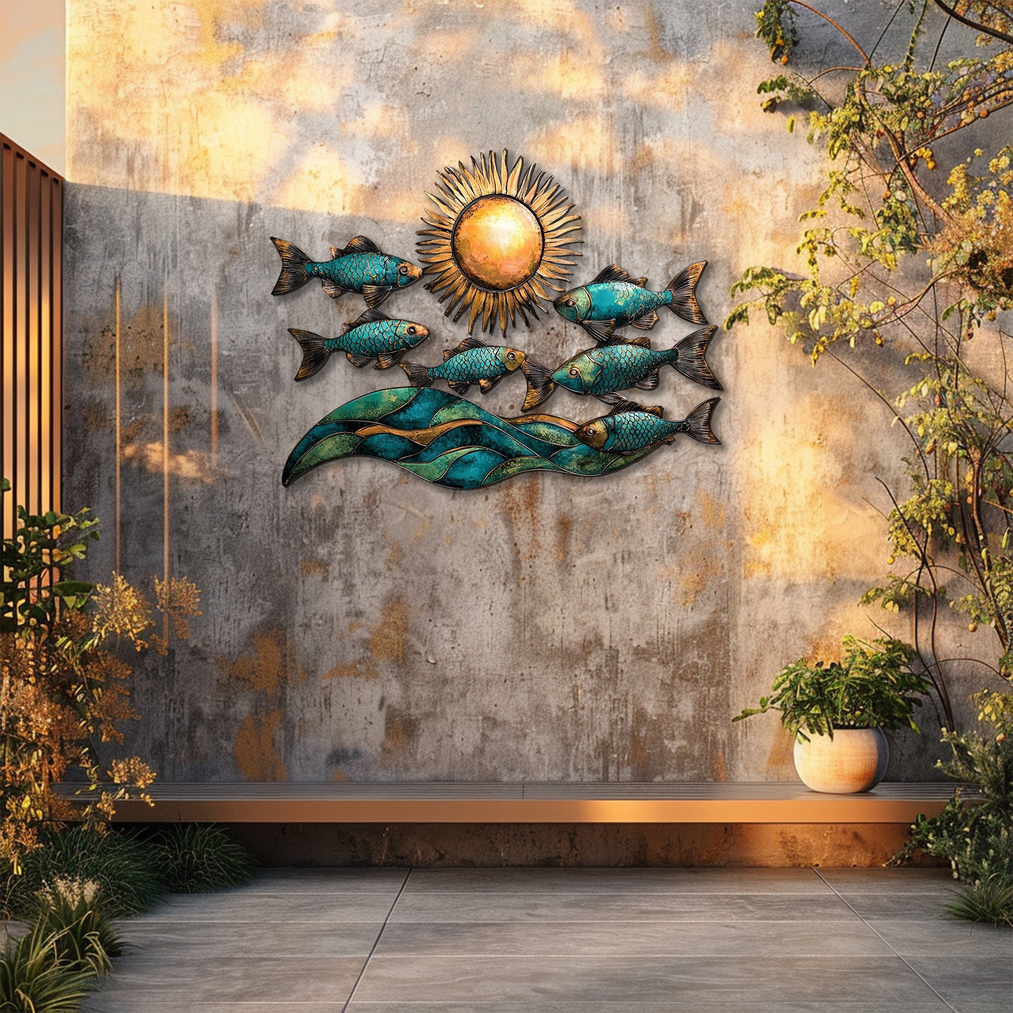 Ocean fish metal wall art with turquoise fish ocean waves and golden sun coastal beach aluminum wall decor 4