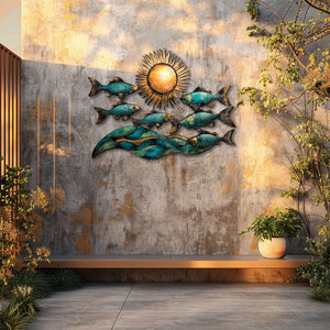 Ocean fish metal wall art with turquoise fish ocean waves and golden sun coastal beach aluminum wall decor 4