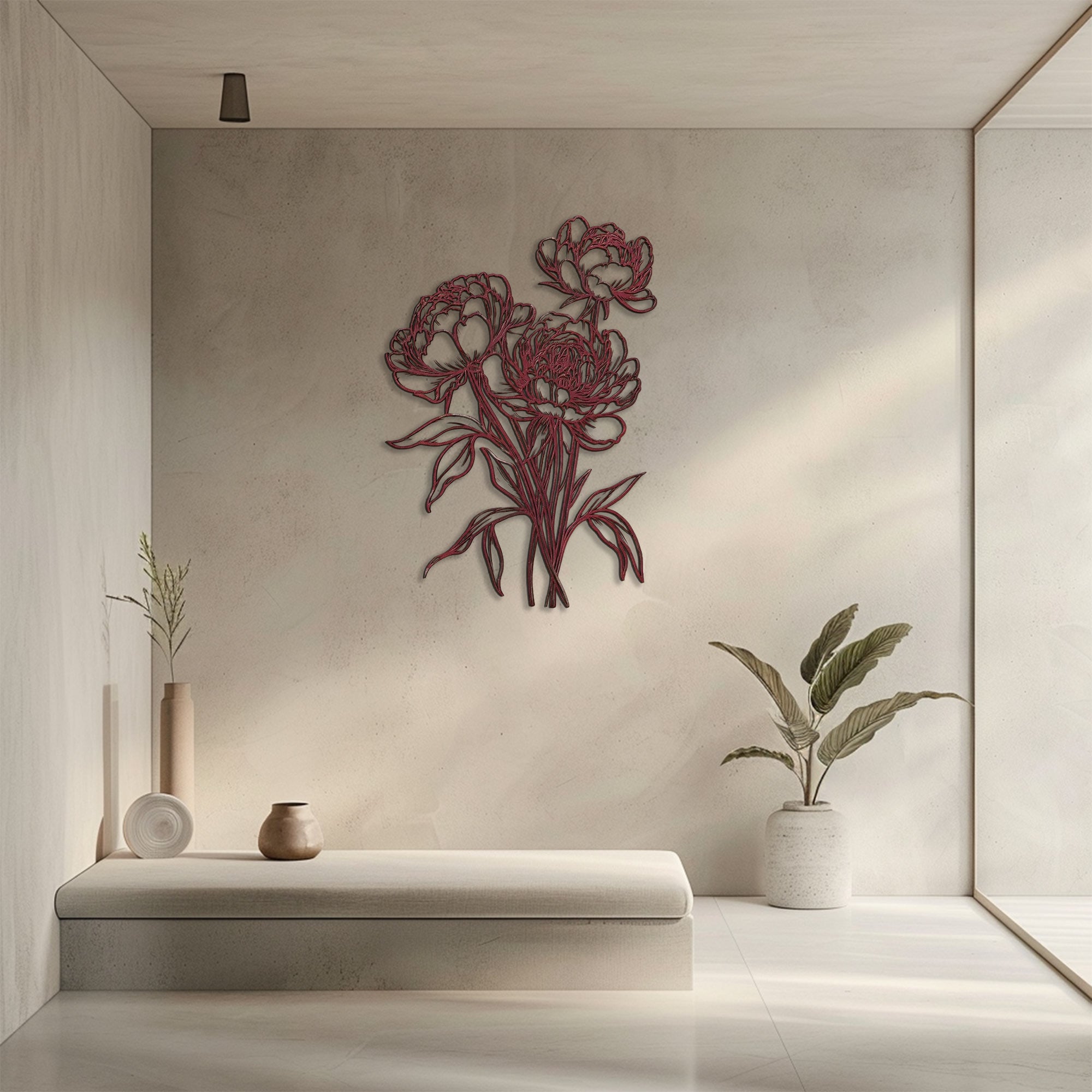Peony outline metal wall art with elegant floral botanical line art design mounted on textured wall 4
