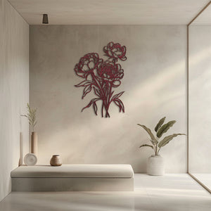 Peony outline metal wall art with elegant floral botanical line art design mounted on textured wall 4