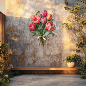 Pink tulip bouquet metal wall art with elegant floral design and ribbon bow mounted on textured wall 4