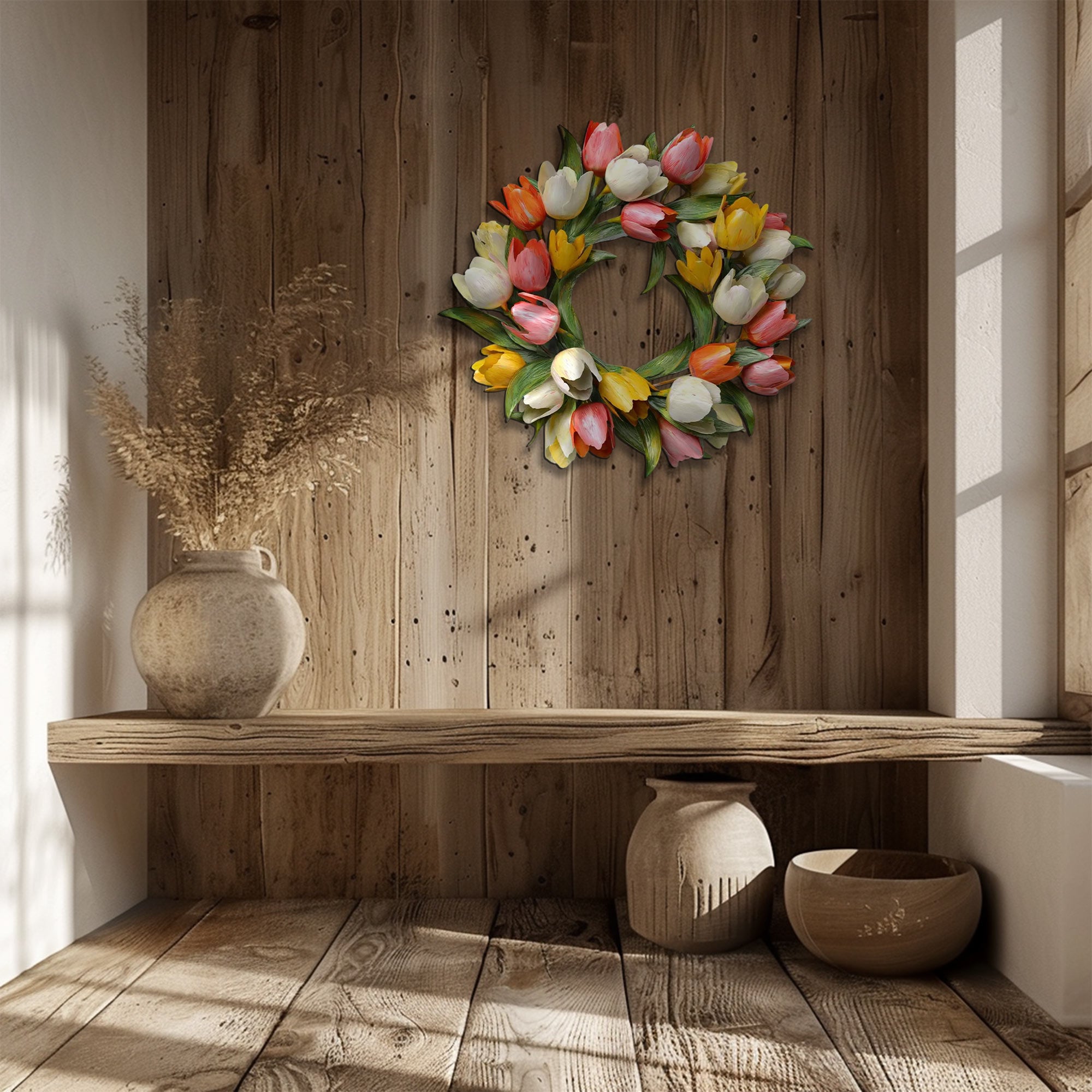 Tulip flower wreath metal wall art with colorful spring floral design mounted on textured wall 4