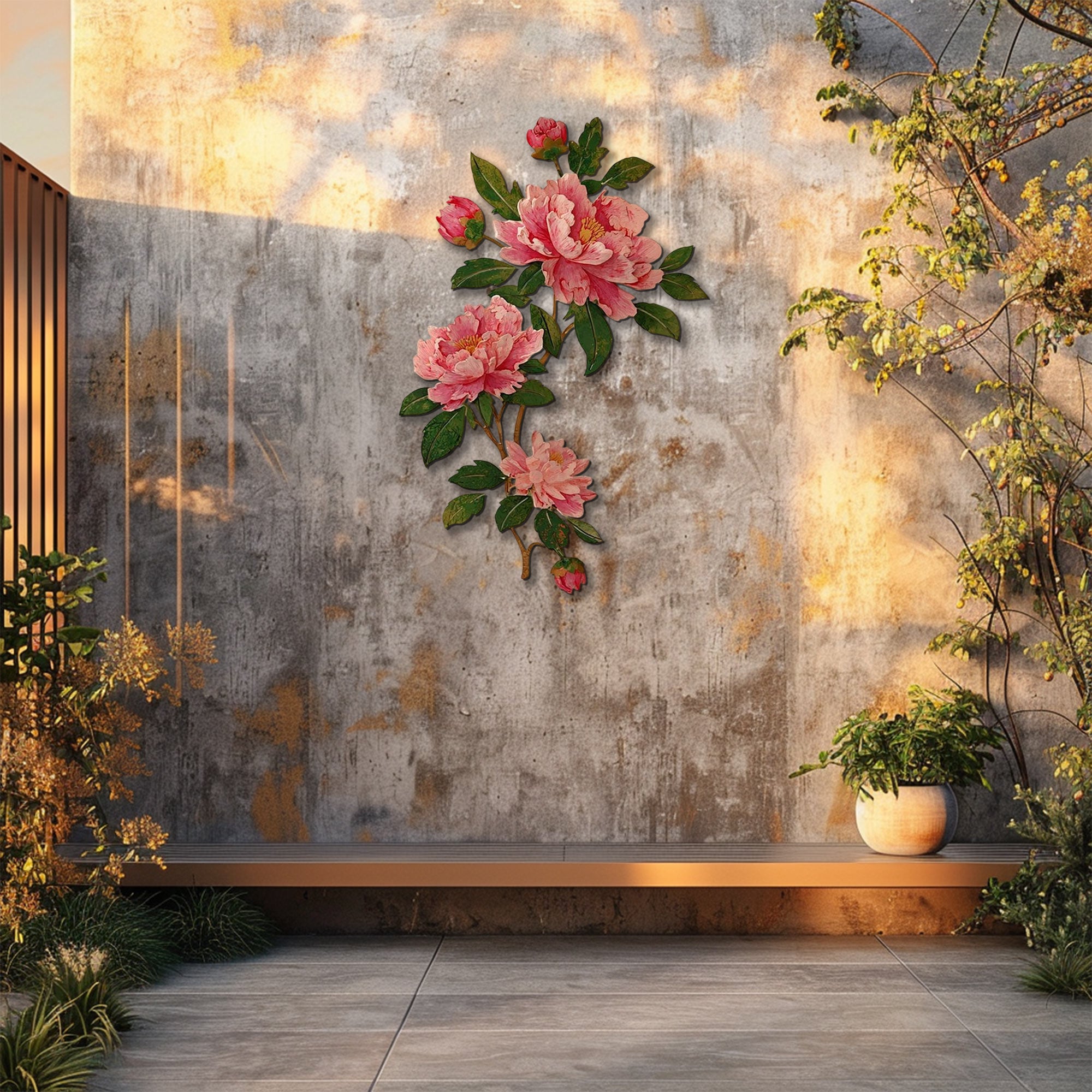 Pink peony branch metal wall art with elegant floral botanical design mounted on textured wall 4