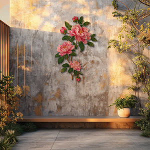 Pink peony branch metal wall art with elegant floral botanical design mounted on textured wall 4