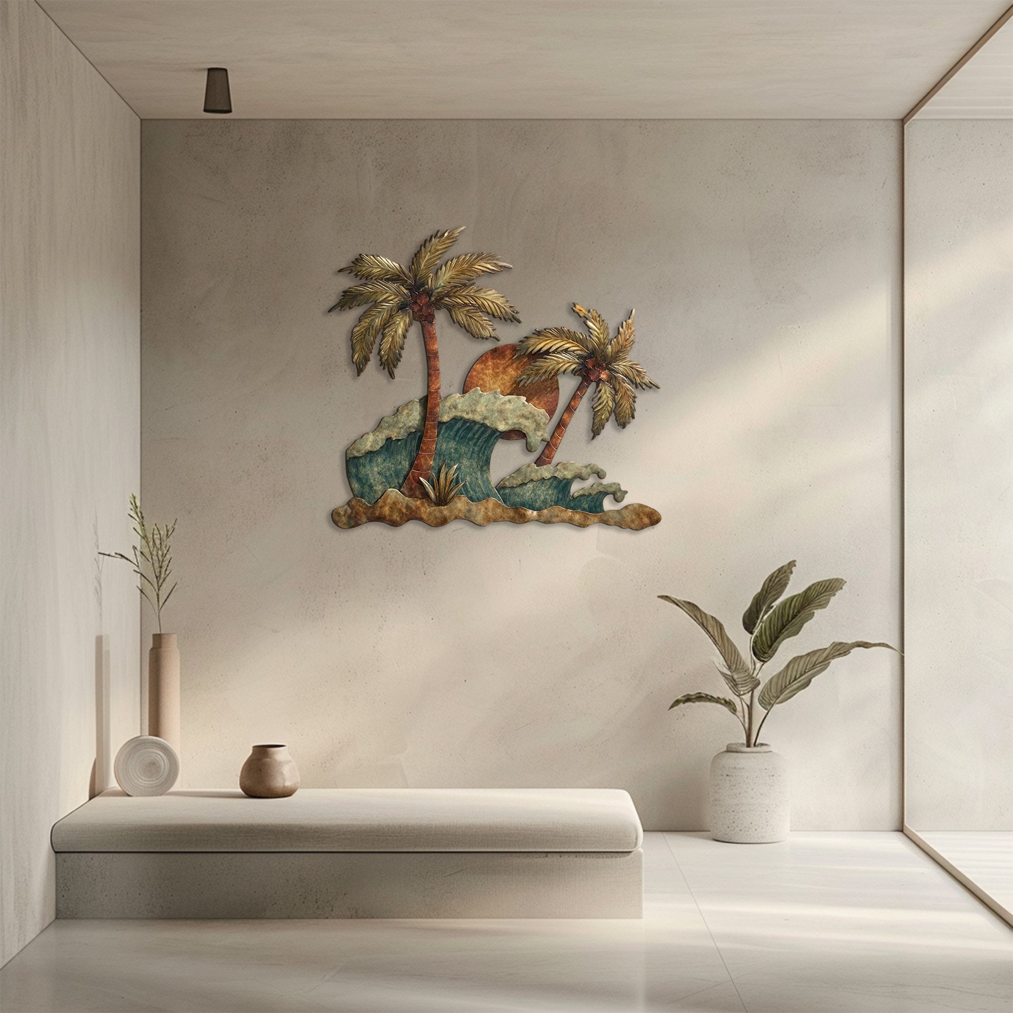 Tropical ocean wave metal wall art with palm trees and sunset coastal design mounted on textured wall 4