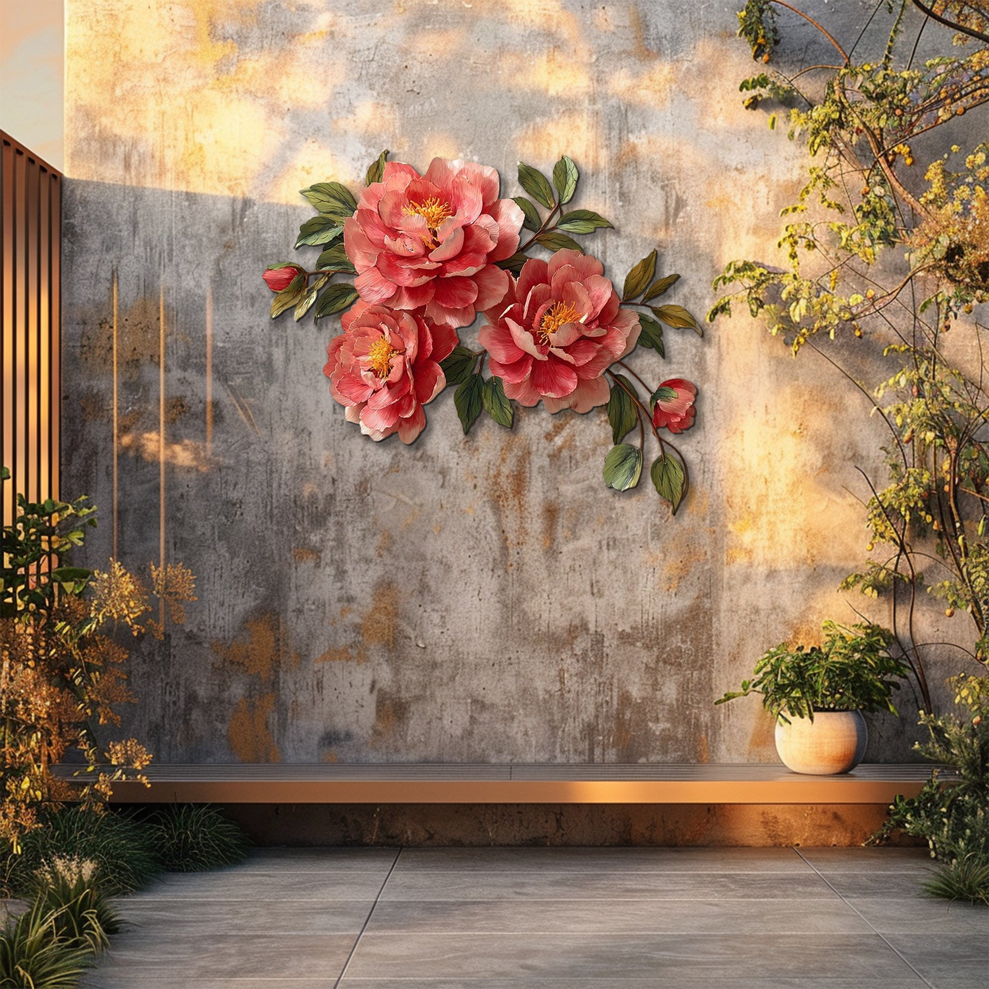 Pink peony blossom metal wall art with elegant floral branch design mounted on textured wall 4