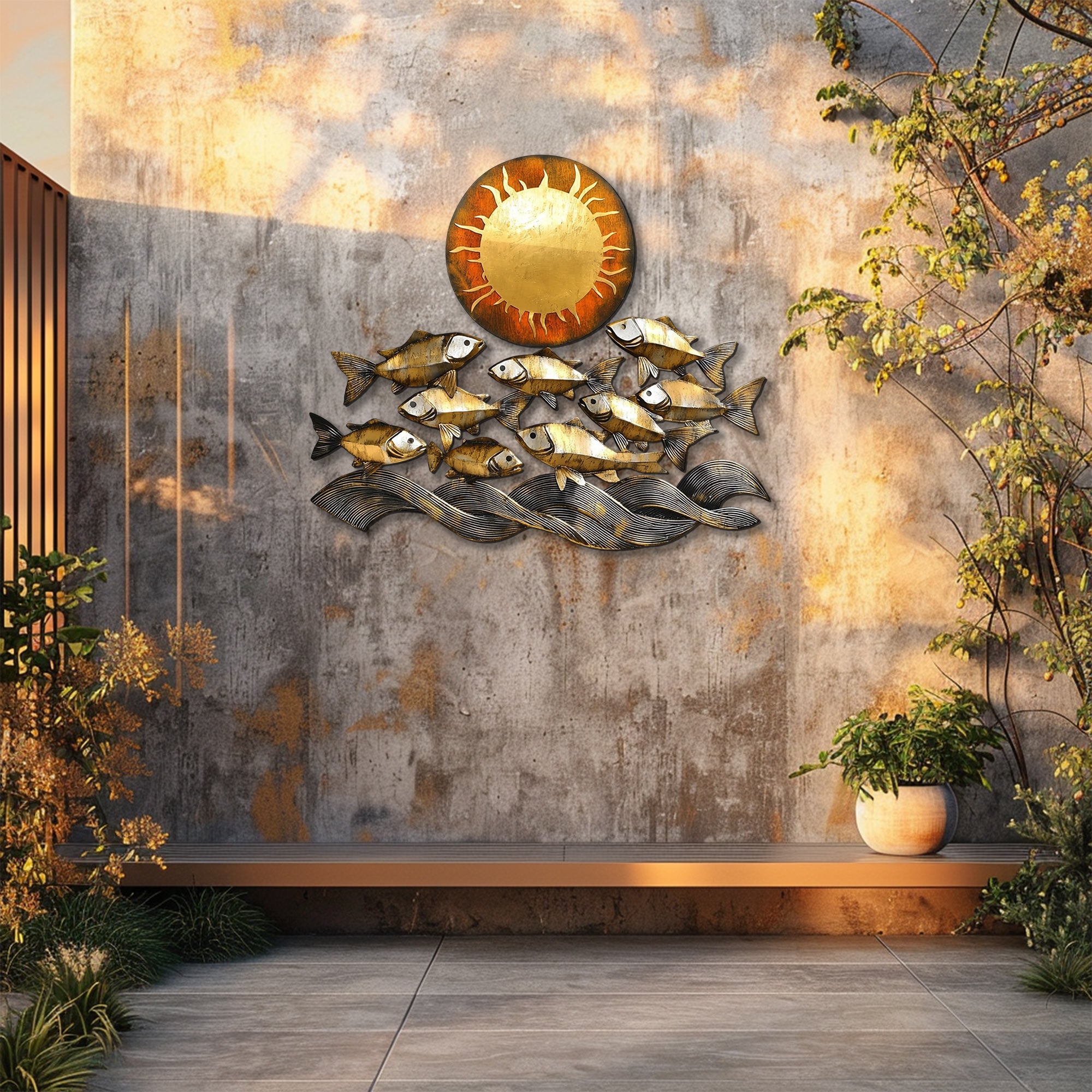 Golden fish metal wall art with ocean waves and sun coastal aluminum wall decor 4