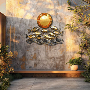 Golden fish metal wall art with ocean waves and sun coastal aluminum wall decor 4