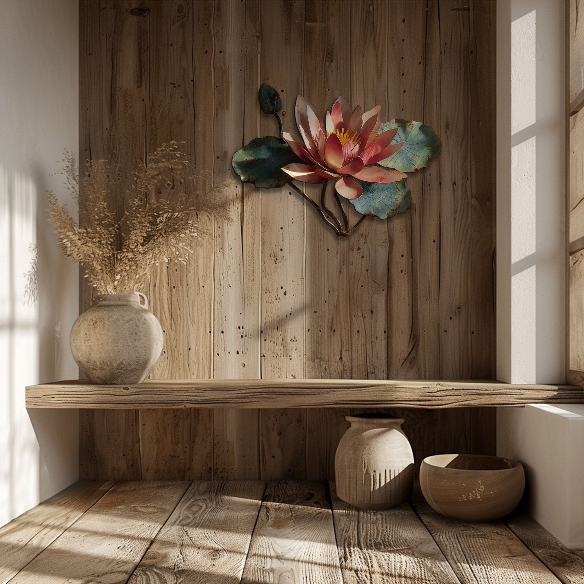 Lotus bloom metal wall art with lily pads and zen botanical styling 5