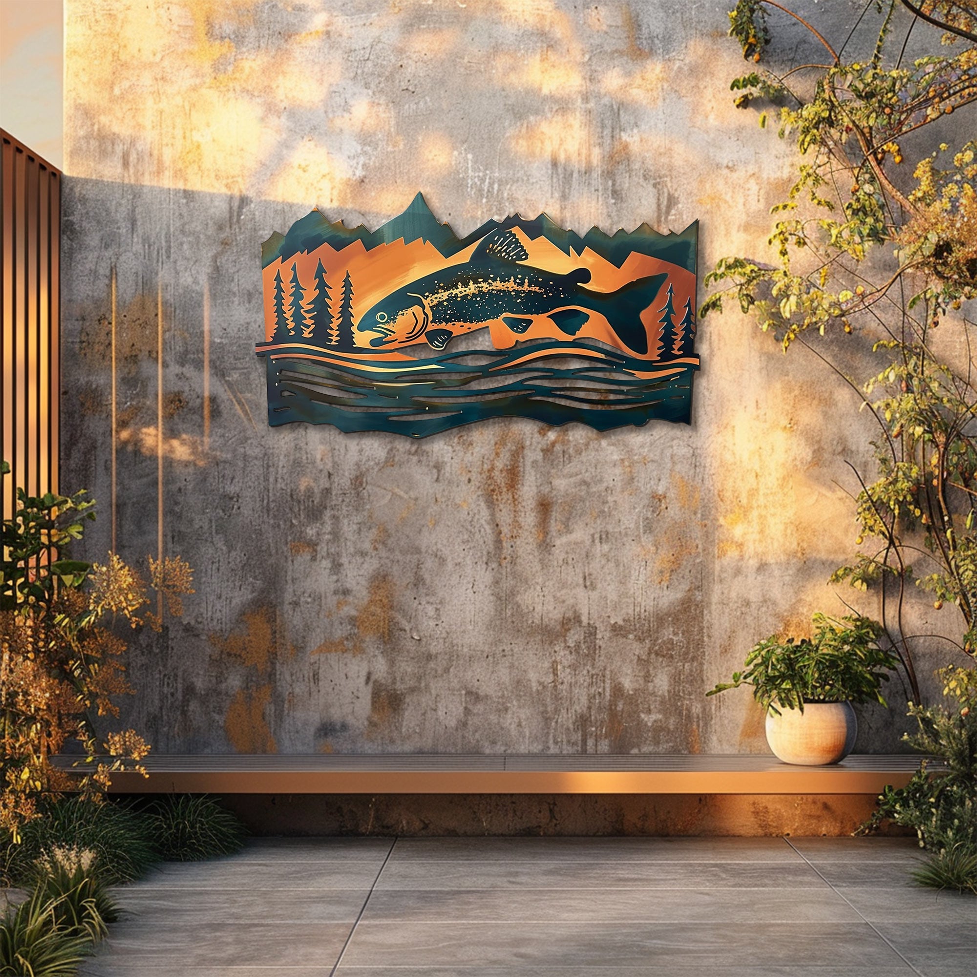 Trout fish metal wall art with jumping trout fish mountain peaks pine trees rustic cabin aluminum wall decor 4
