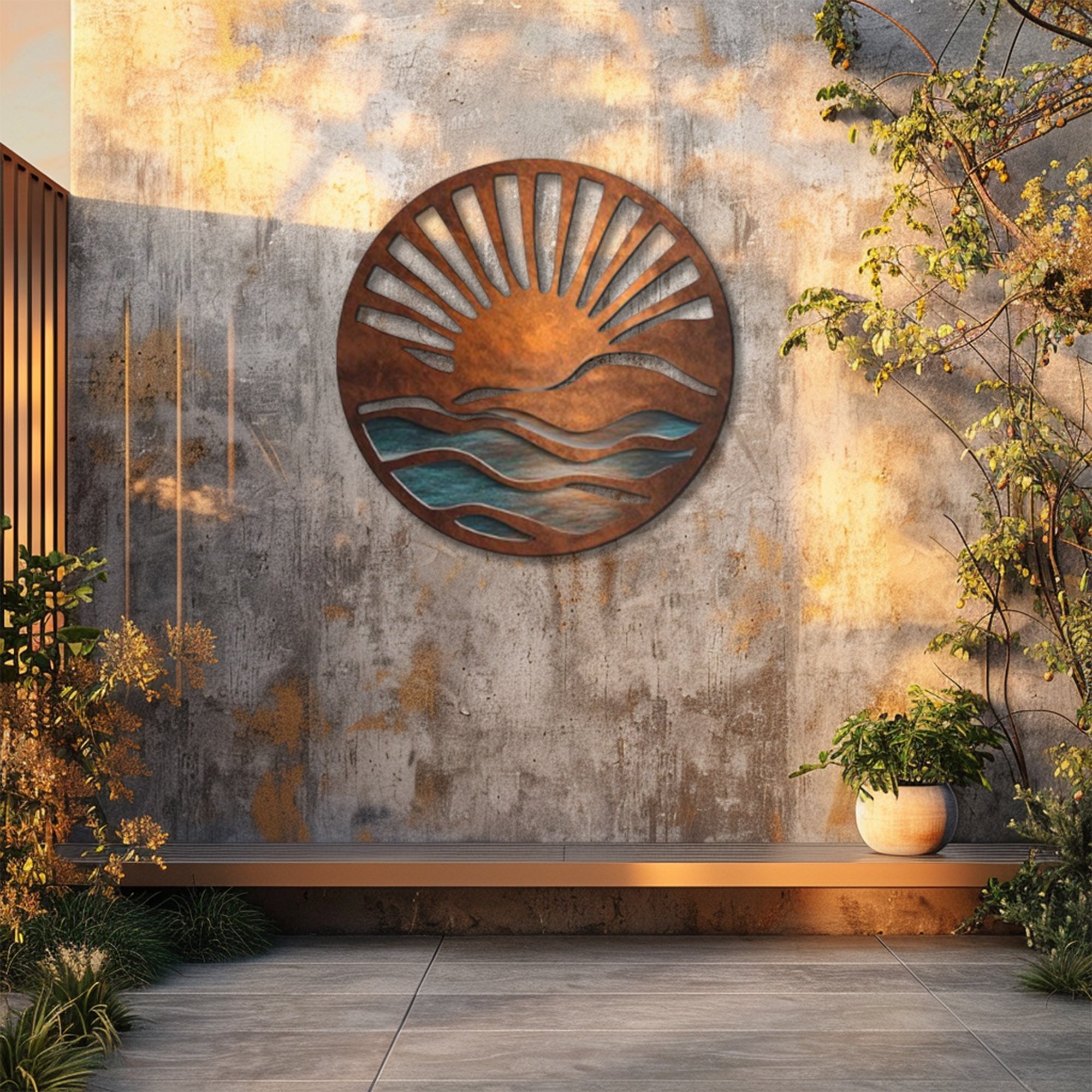 Rustic Ocean Sunrise UV printed aluminum metal wall art for coastal beach house living room and patio decor 5