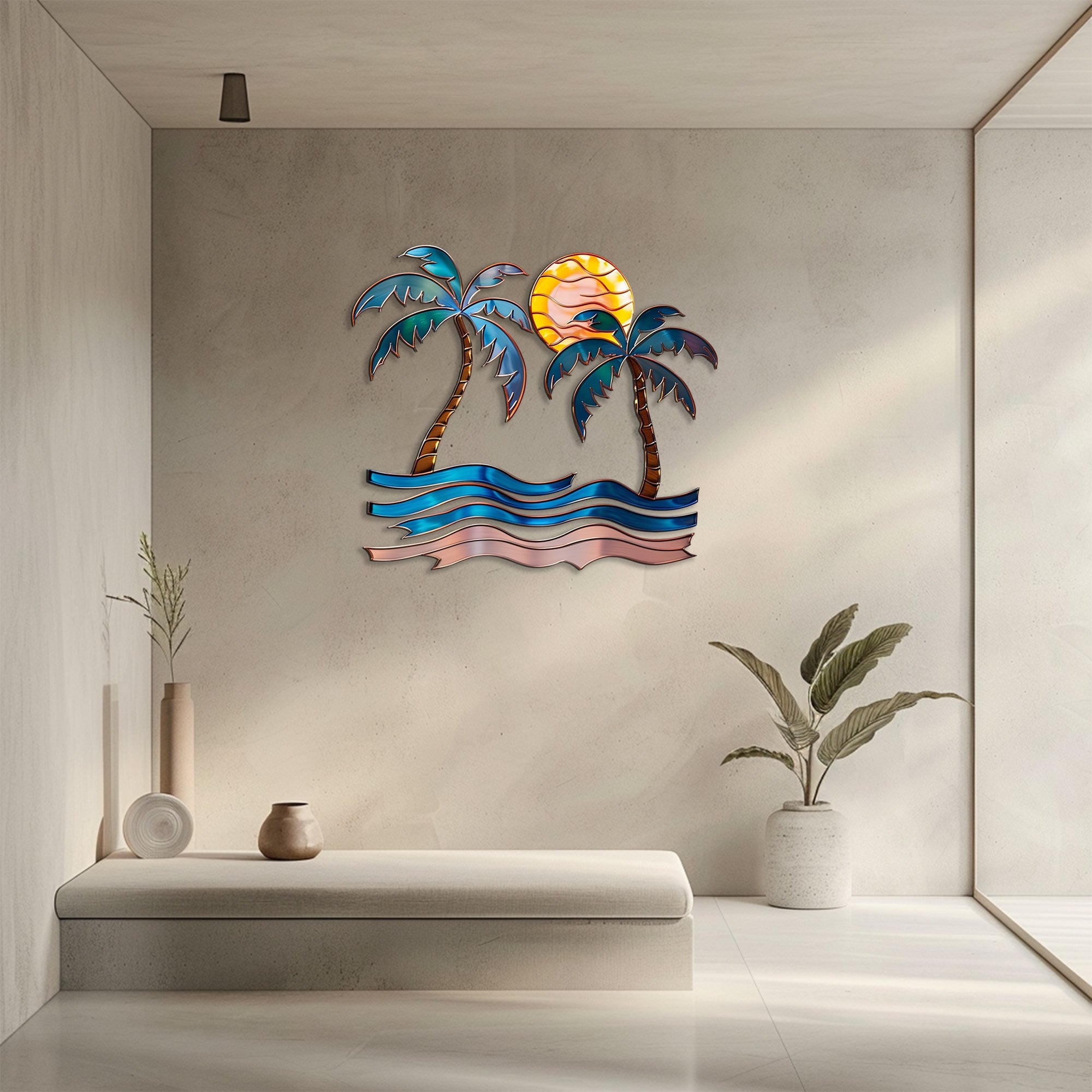 Palm trees sunset metal wall art with tropical palm trees ocean waves and golden sun coastal beach aluminum wall decor 4