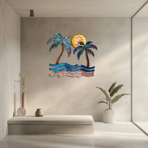 Palm trees sunset metal wall art with tropical palm trees ocean waves and golden sun coastal beach aluminum wall decor 4