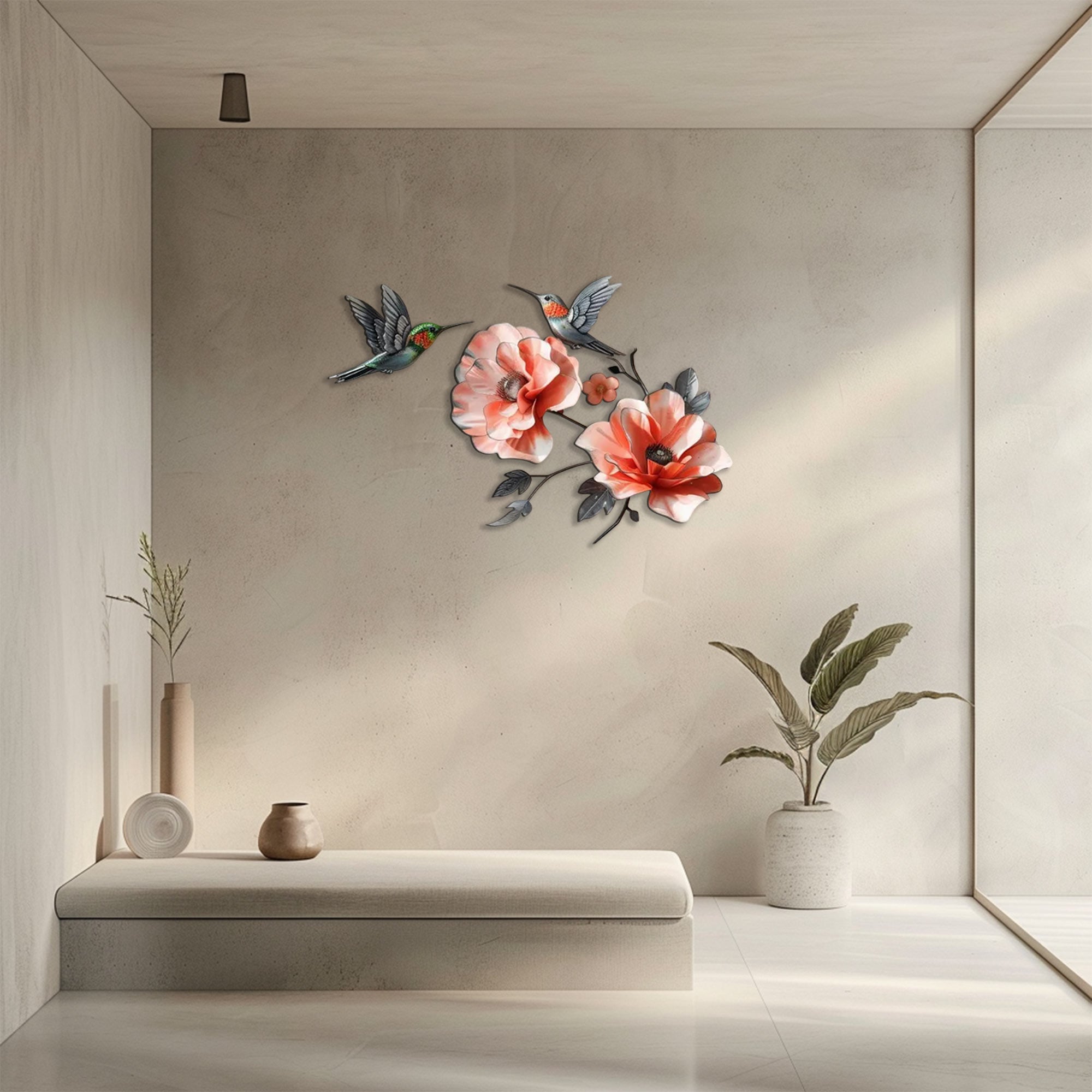 Hummingbird Poppy Flower UV printed aluminum metal wall art for floral living room and patio decor 4