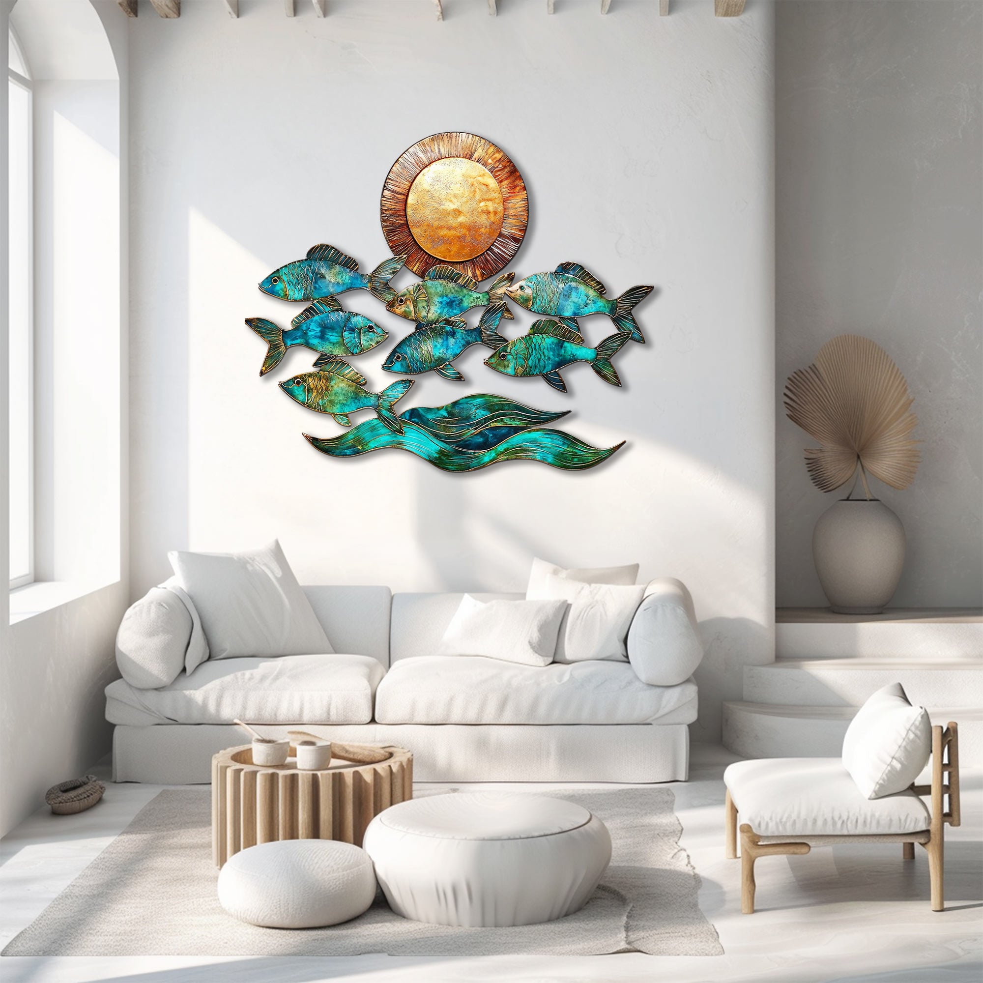 Turquoise fish metal wall art with ocean waves and sunset coastal aluminum wall decor 4