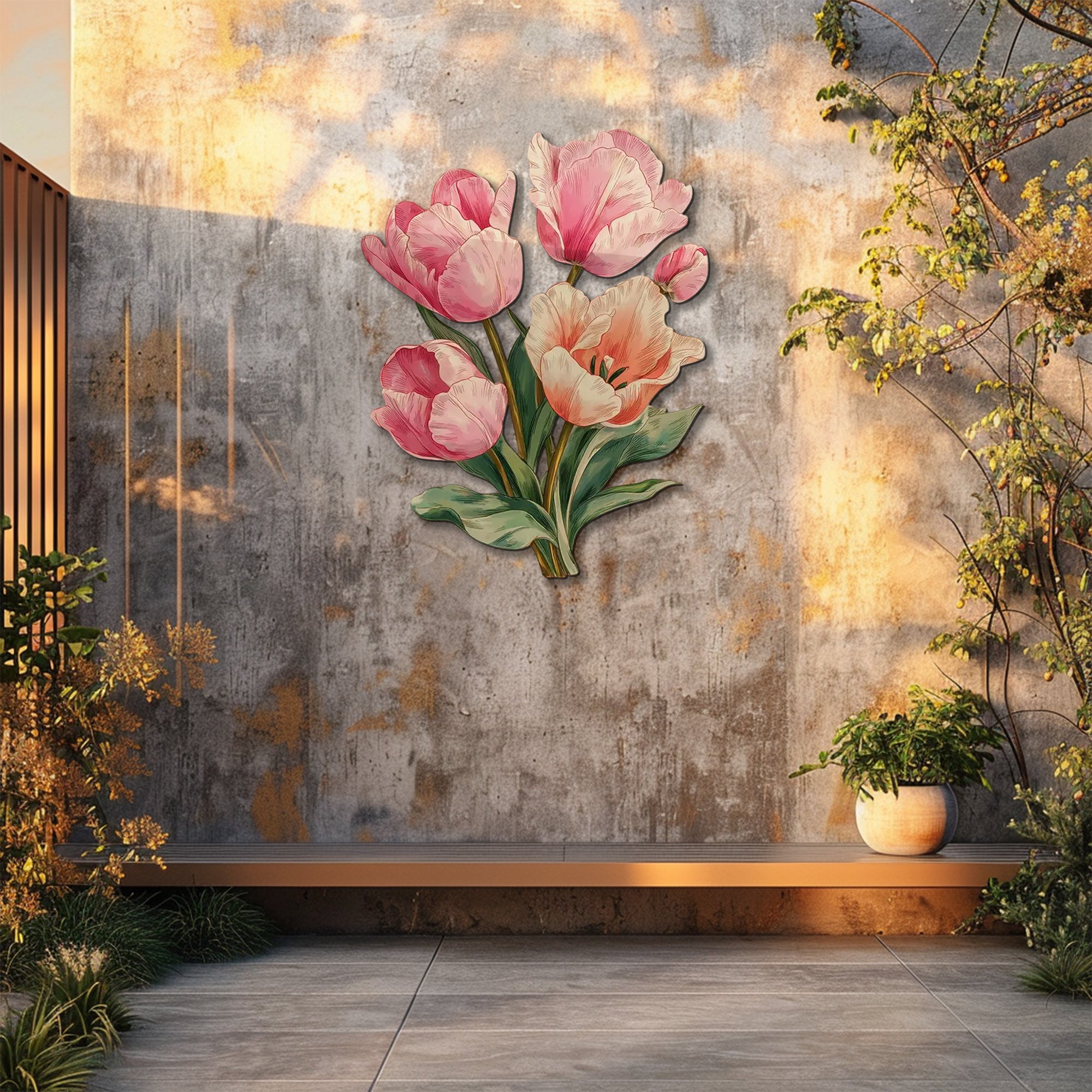 Pink tulip blossom metal wall art with elegant pastel floral design mounted on wall 4