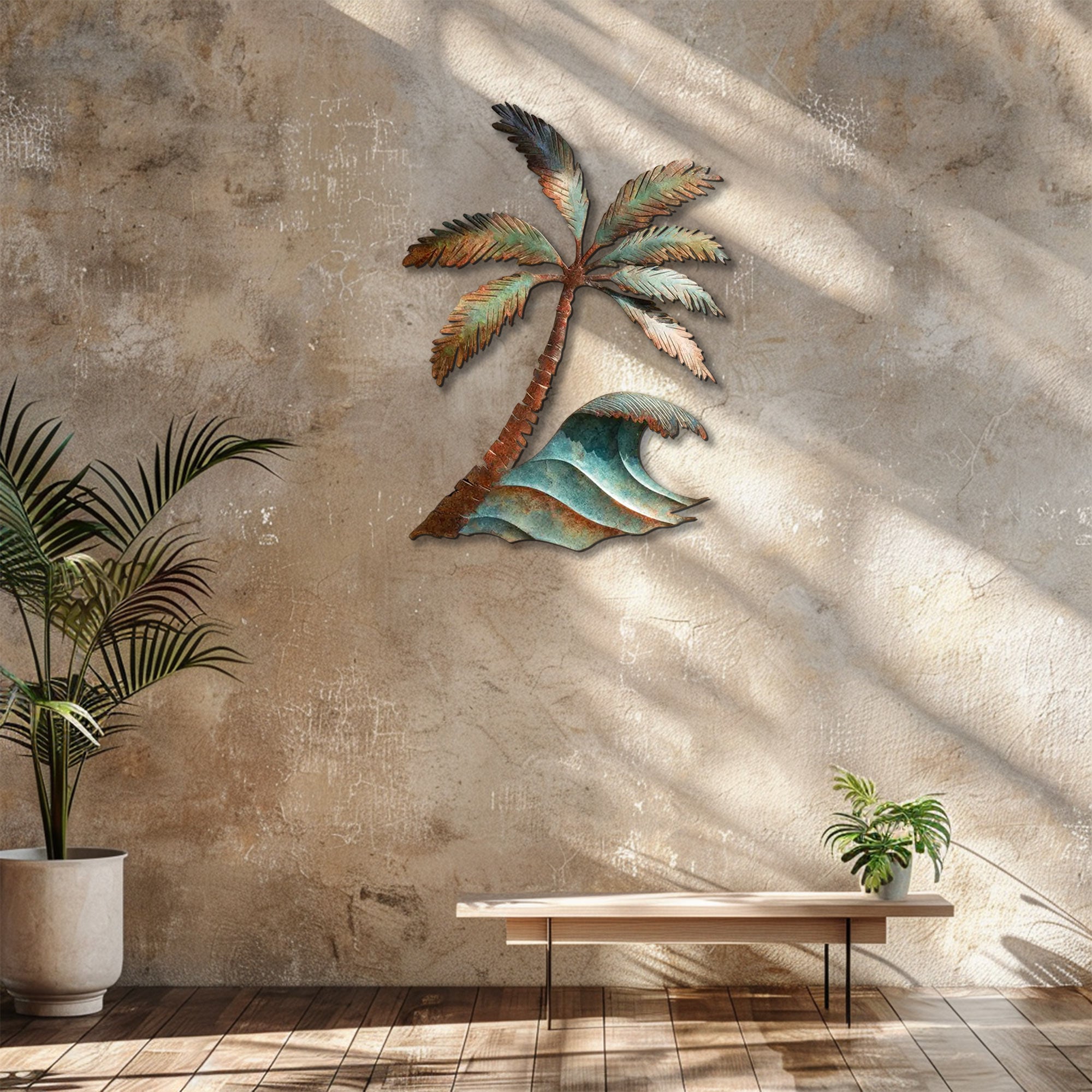 Palm tree ocean wave metal wall art with tropical coastal design mounted on beige wall  4