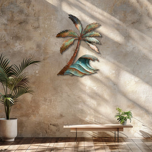Palm tree ocean wave metal wall art with tropical coastal design mounted on beige wall  4