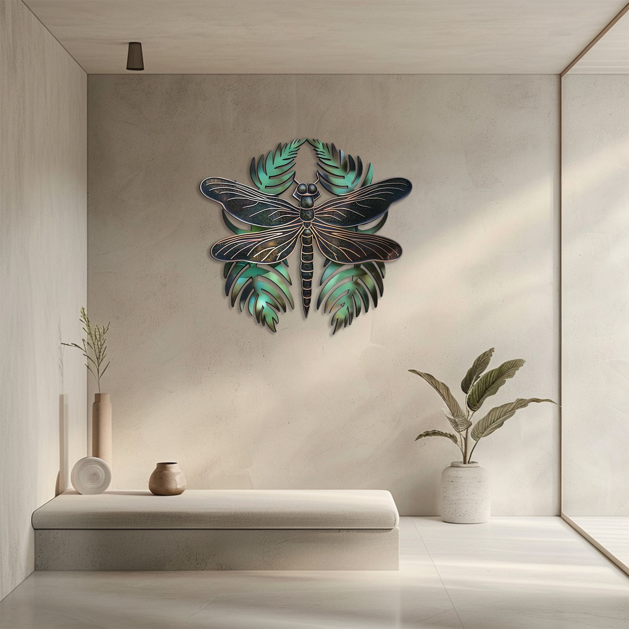 Dragonfly metal wall art with tropical leaves botanical aluminum wall decor 4