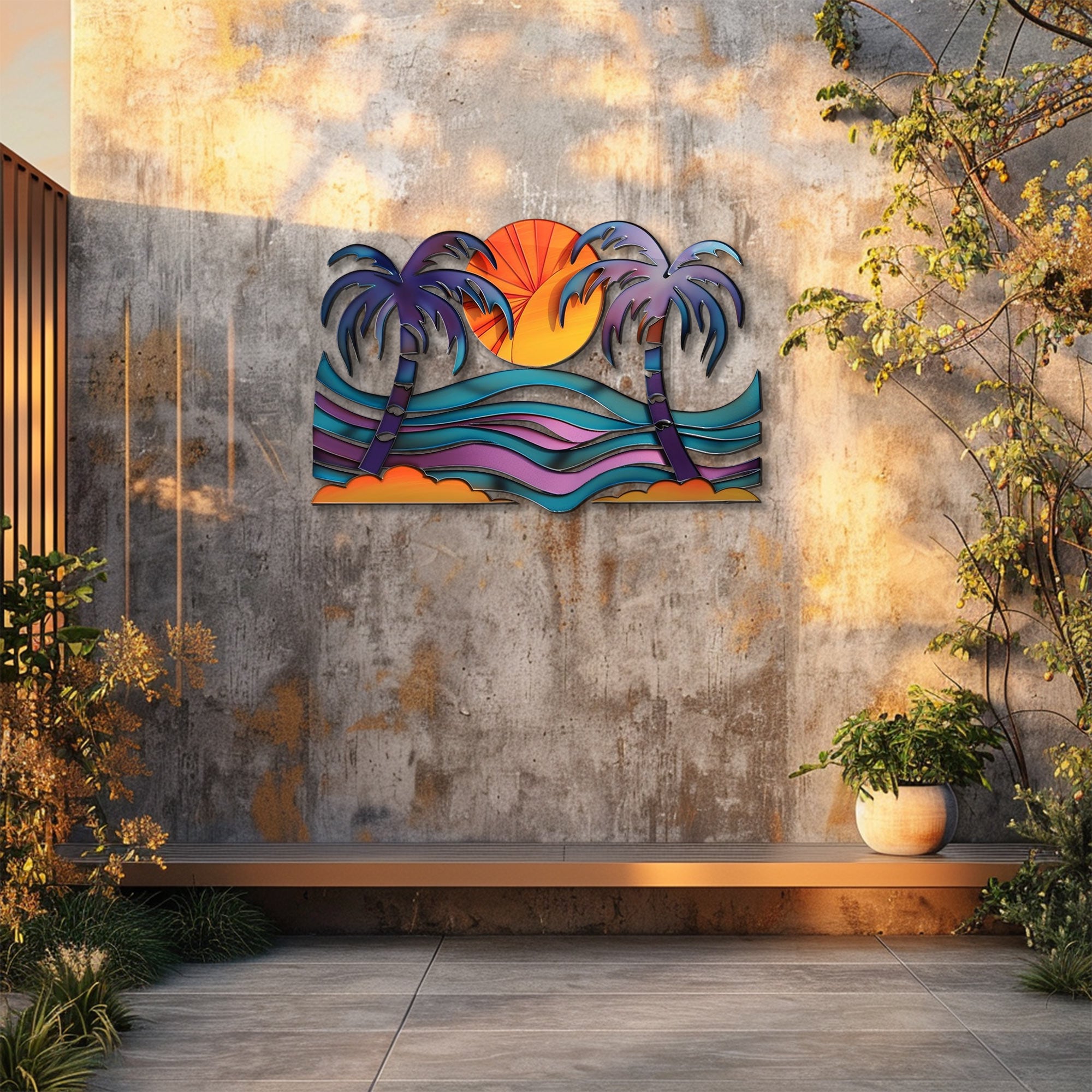 Tropical palm sunset metal wall art coastal beach decor 4