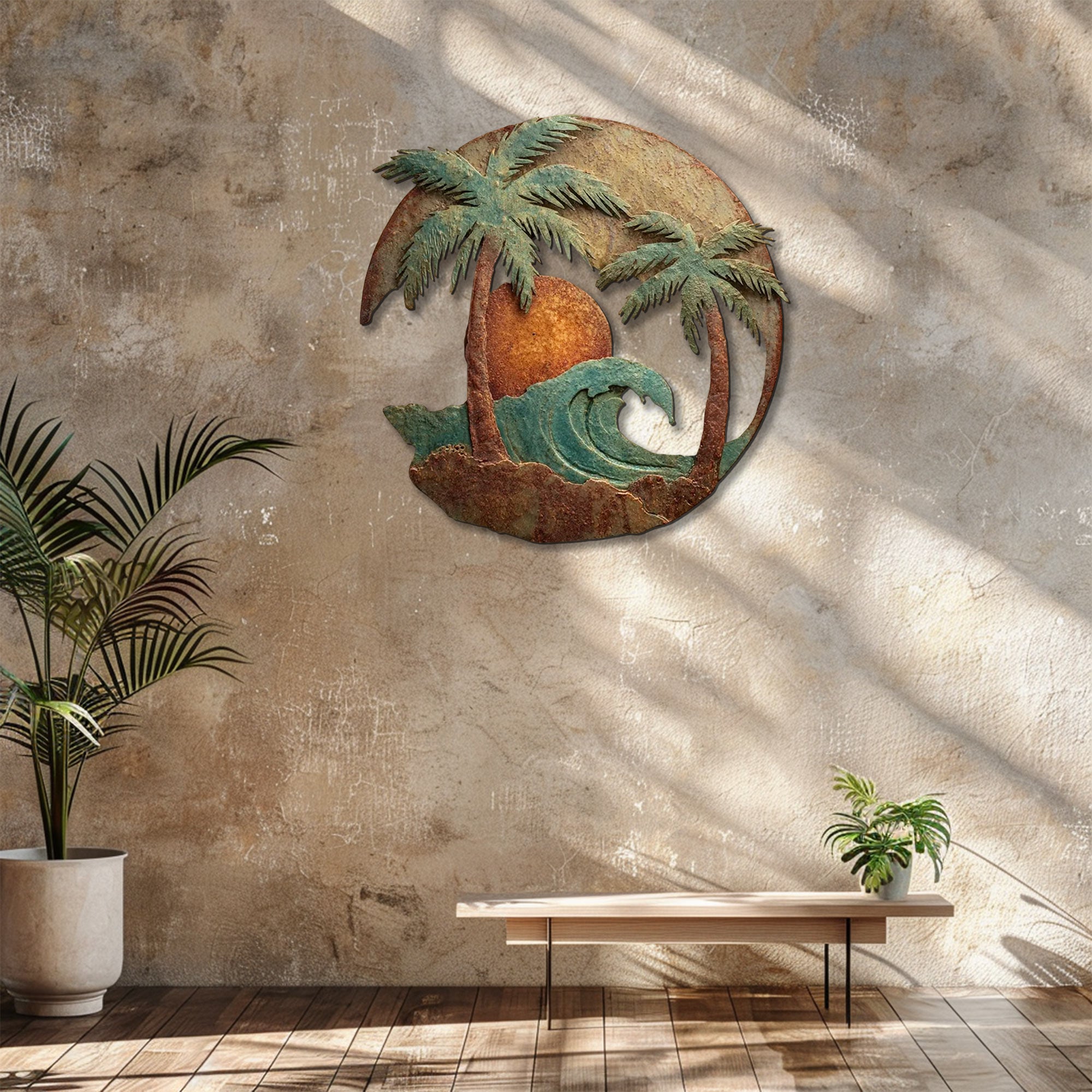 Tropical palm tree metal wall art with ocean wave and sunset design mounted on textured wall 4