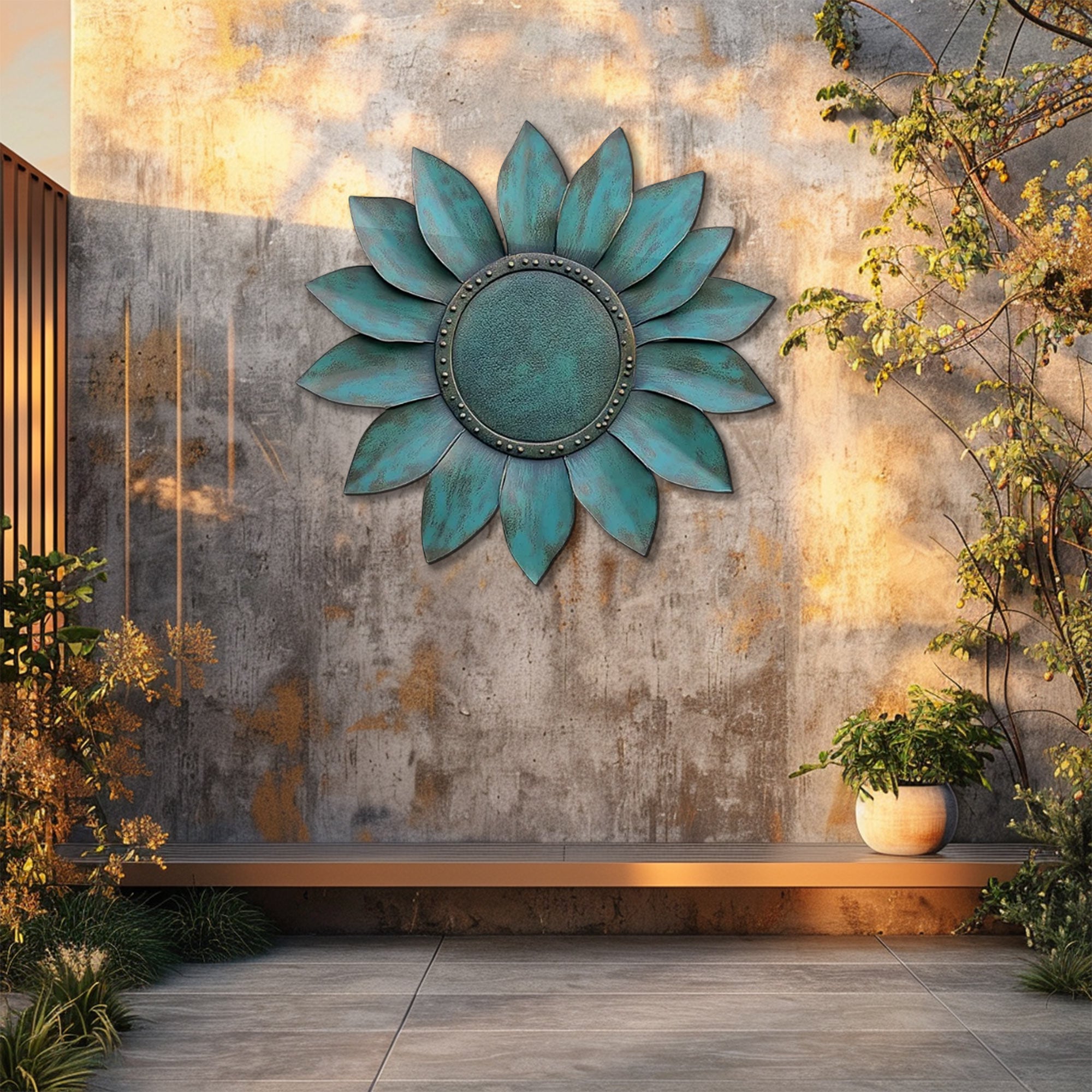 Turquoise Sunflower UV printed aluminum metal wall art for rustic garden patio and farmhouse decor 6