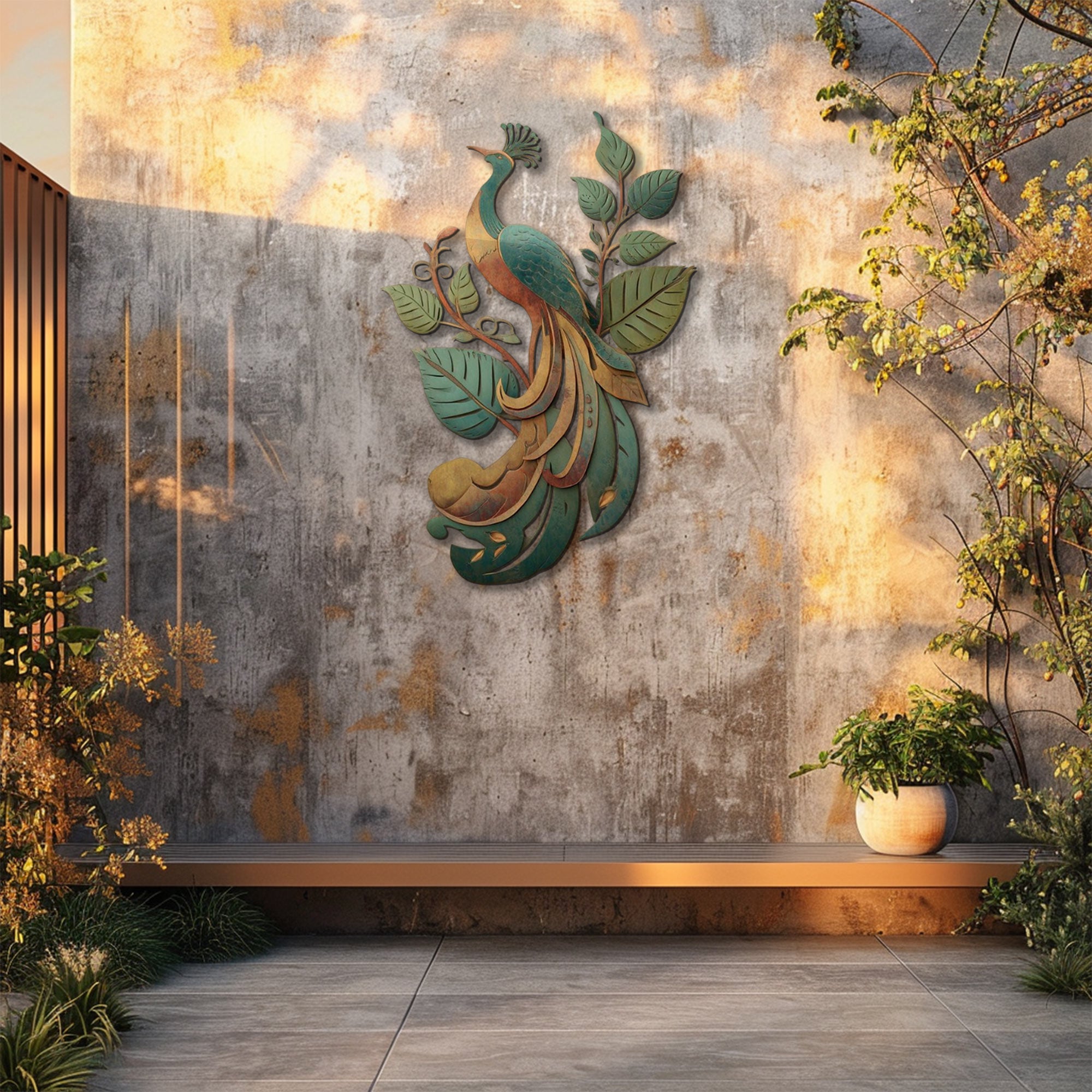 Peacock Leaf UV printed aluminum metal wall art for tropical patio garden and living room decor 5