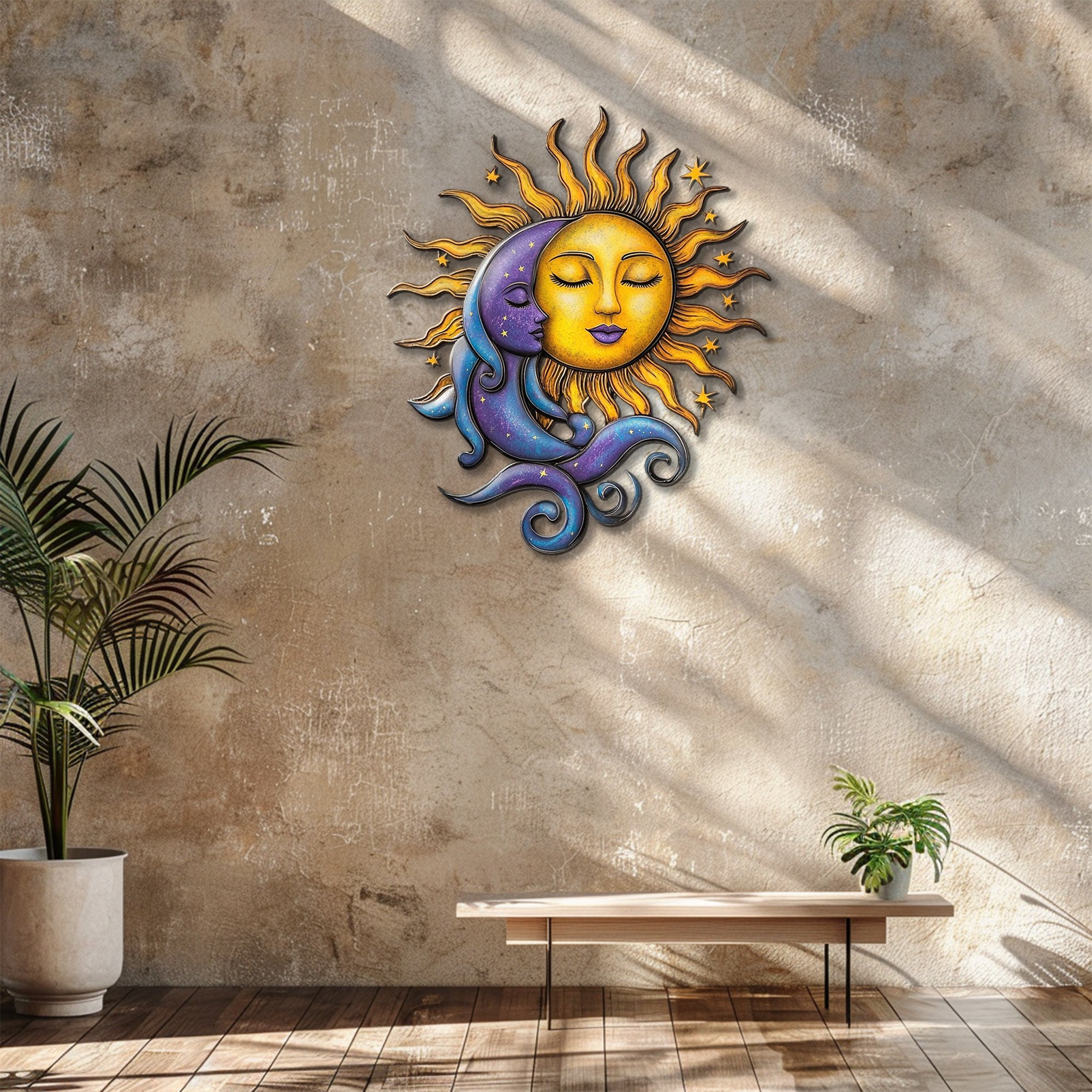 Celestial sun and moon metal wall art with mystical cosmic detailing 4
