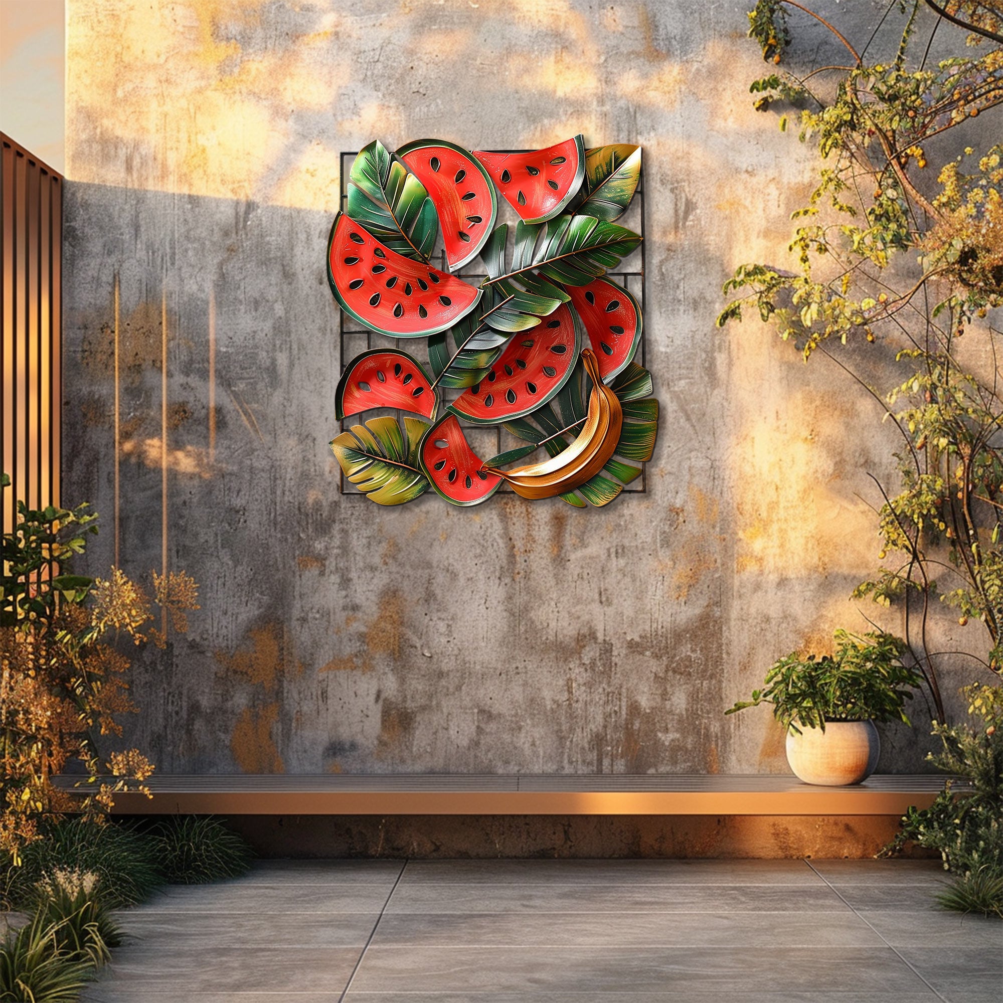 Tropical watermelon and banana metal wall art with lush botanical leaves for summer kitchen decor 4